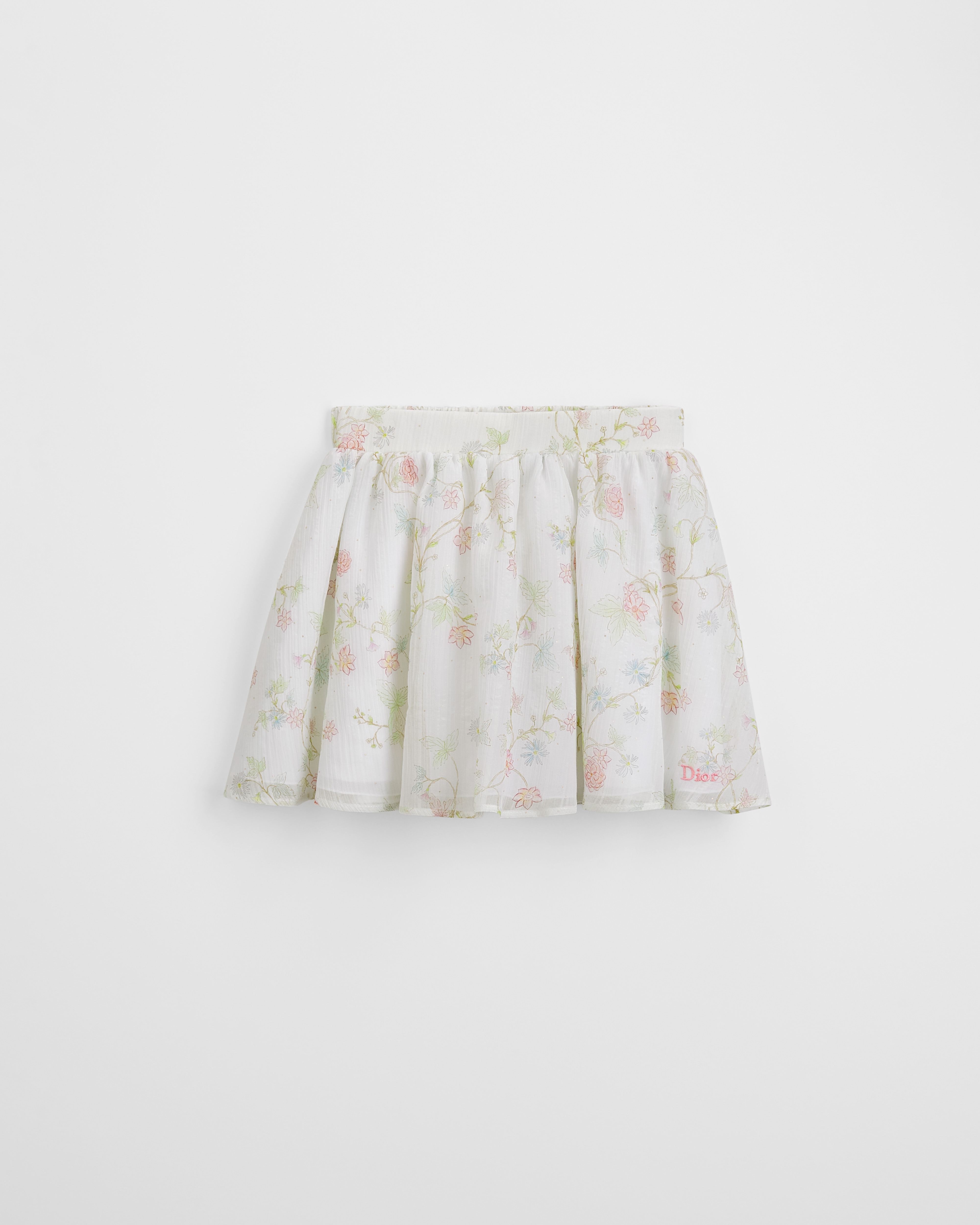Kids' Short Skirt Ivory Cotton and Silk Voile with Multicolor and Gold-Tone Seasonal Floral Motif E01