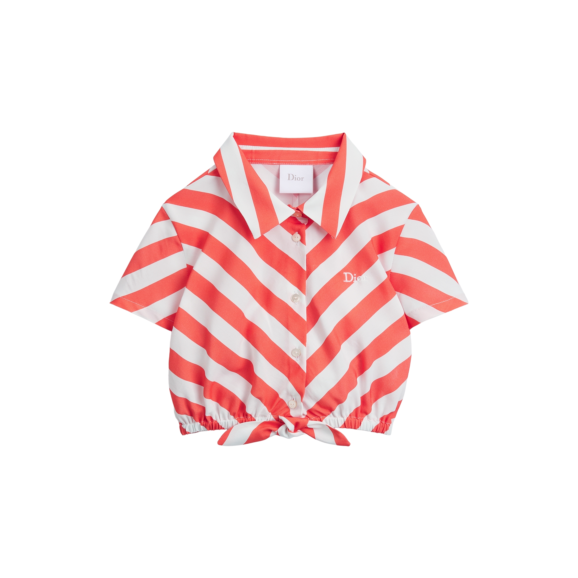 Kids' Short-Sleeved Shirt Ivory and Coral Striped Viscose | DIOR