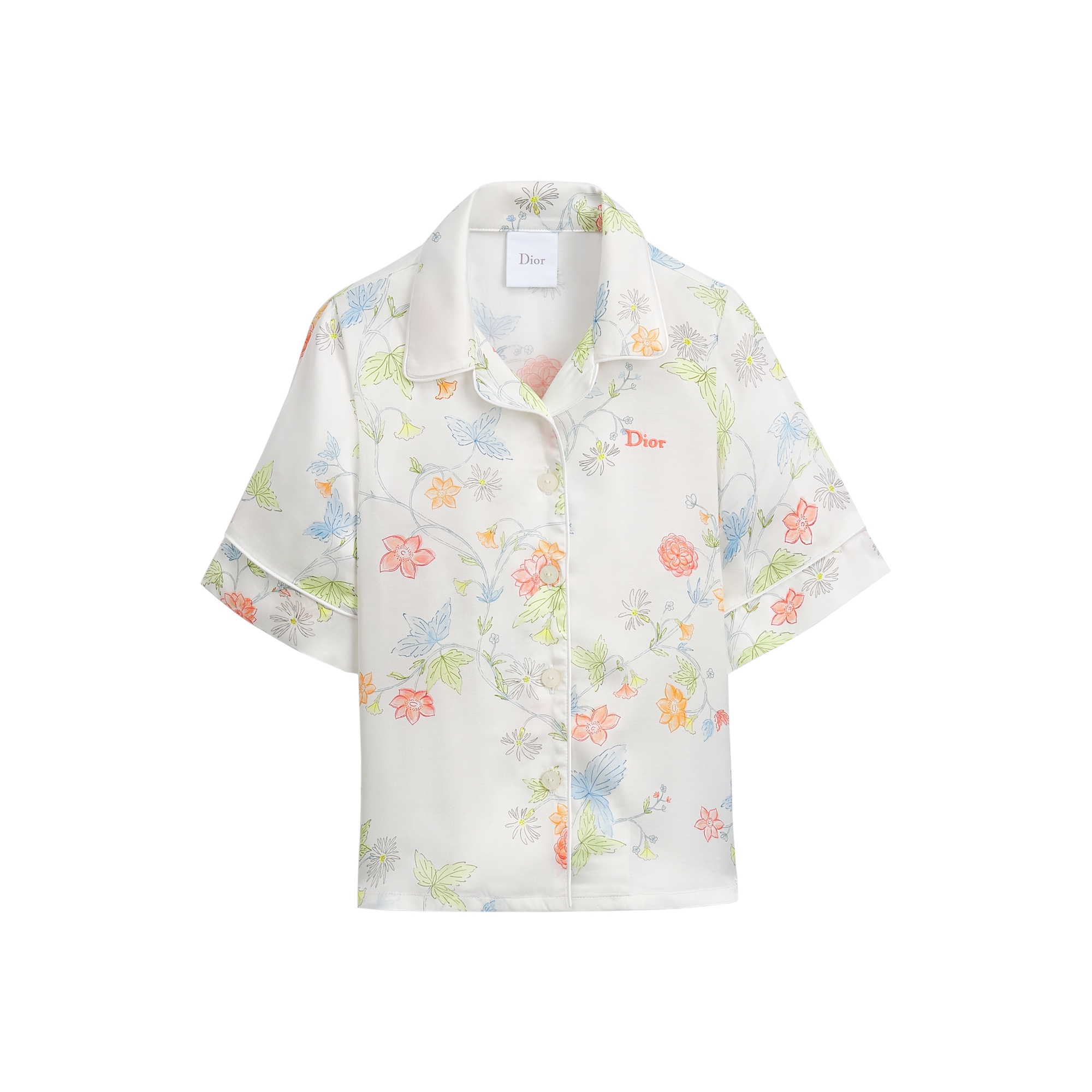 Kids' Short-Sleeved Shirt Ivory Satin-Finish Viscose with Multicolor Seasonal Floral Motif E01