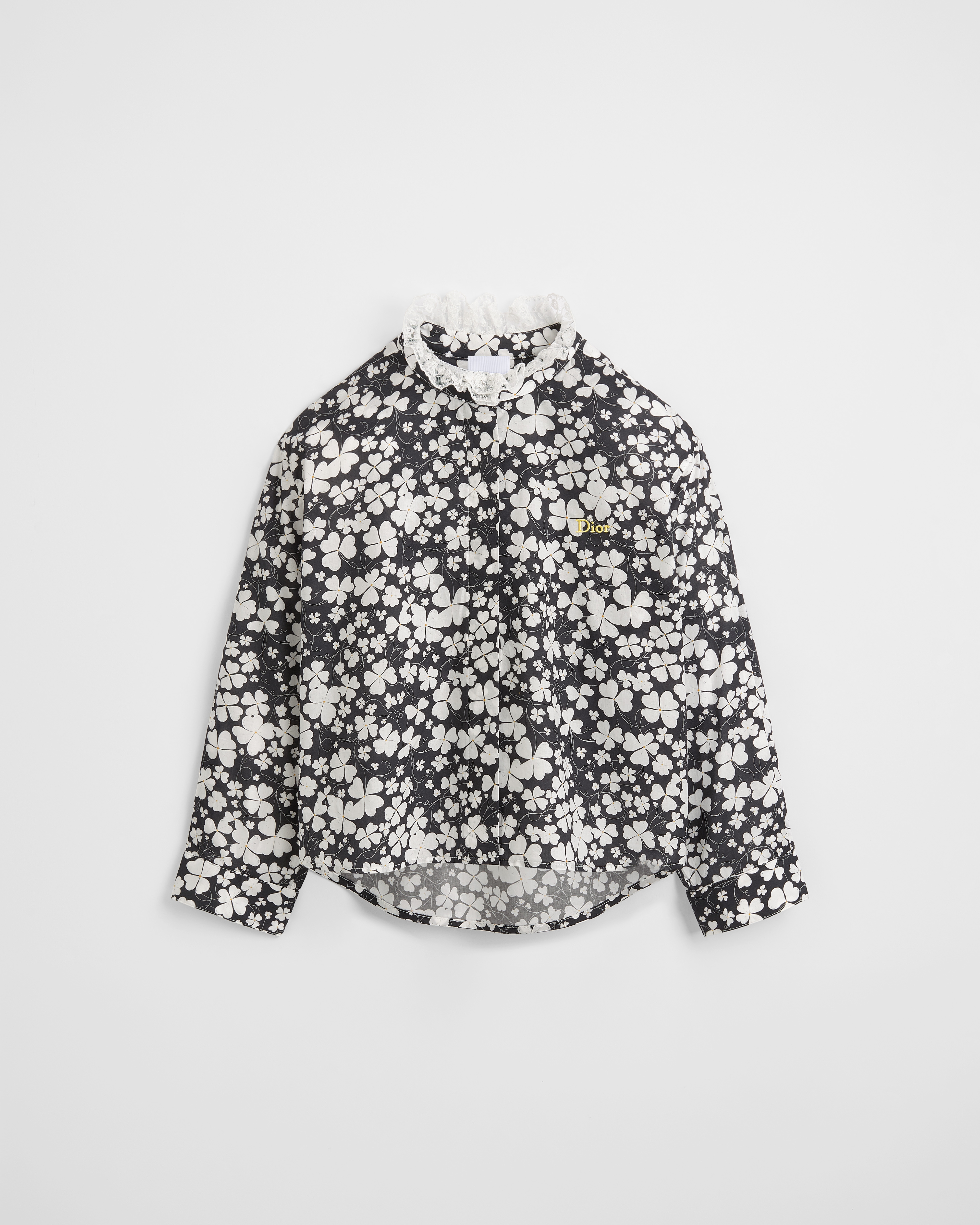 Camicia per bambini Popeline di cotone con motivo a quadrifogli nero e bianco E01