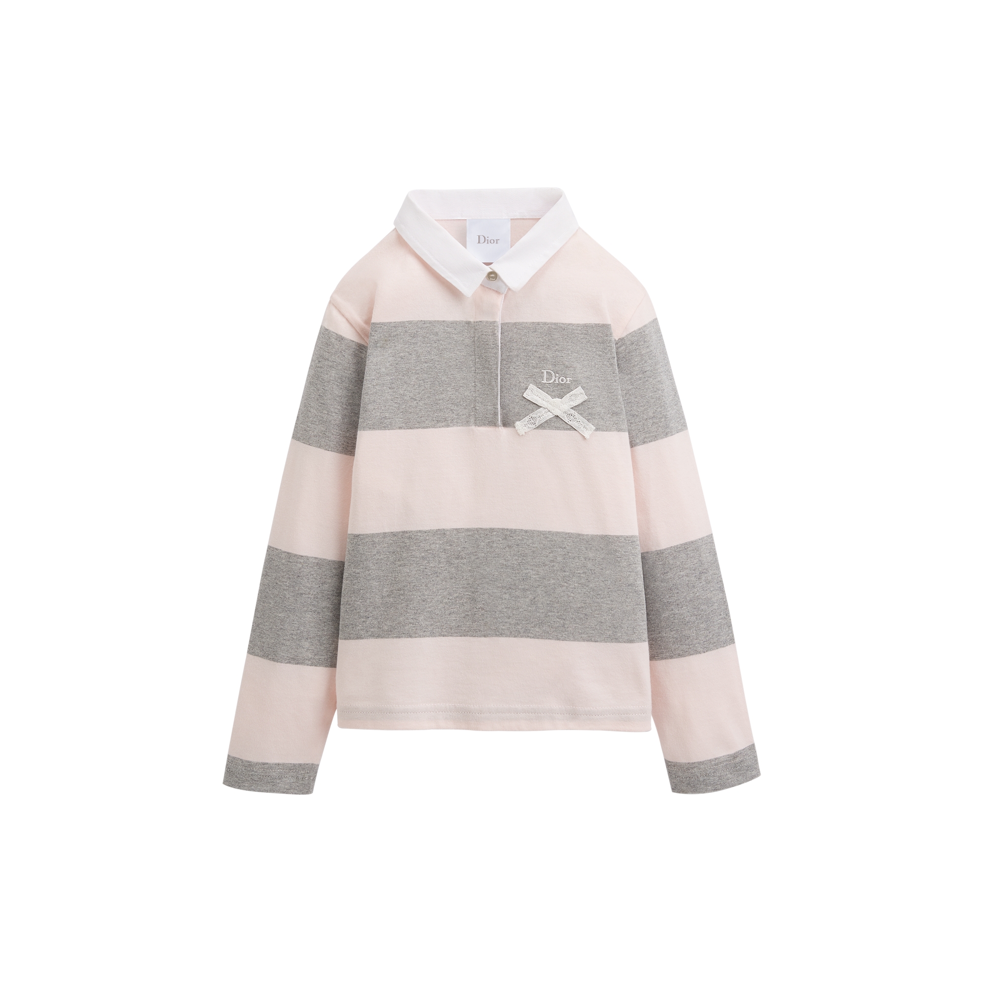 Kids' Long-Sleeved Polo Shirt Gray and Pale Pink Striped Cotton Jersey E01
