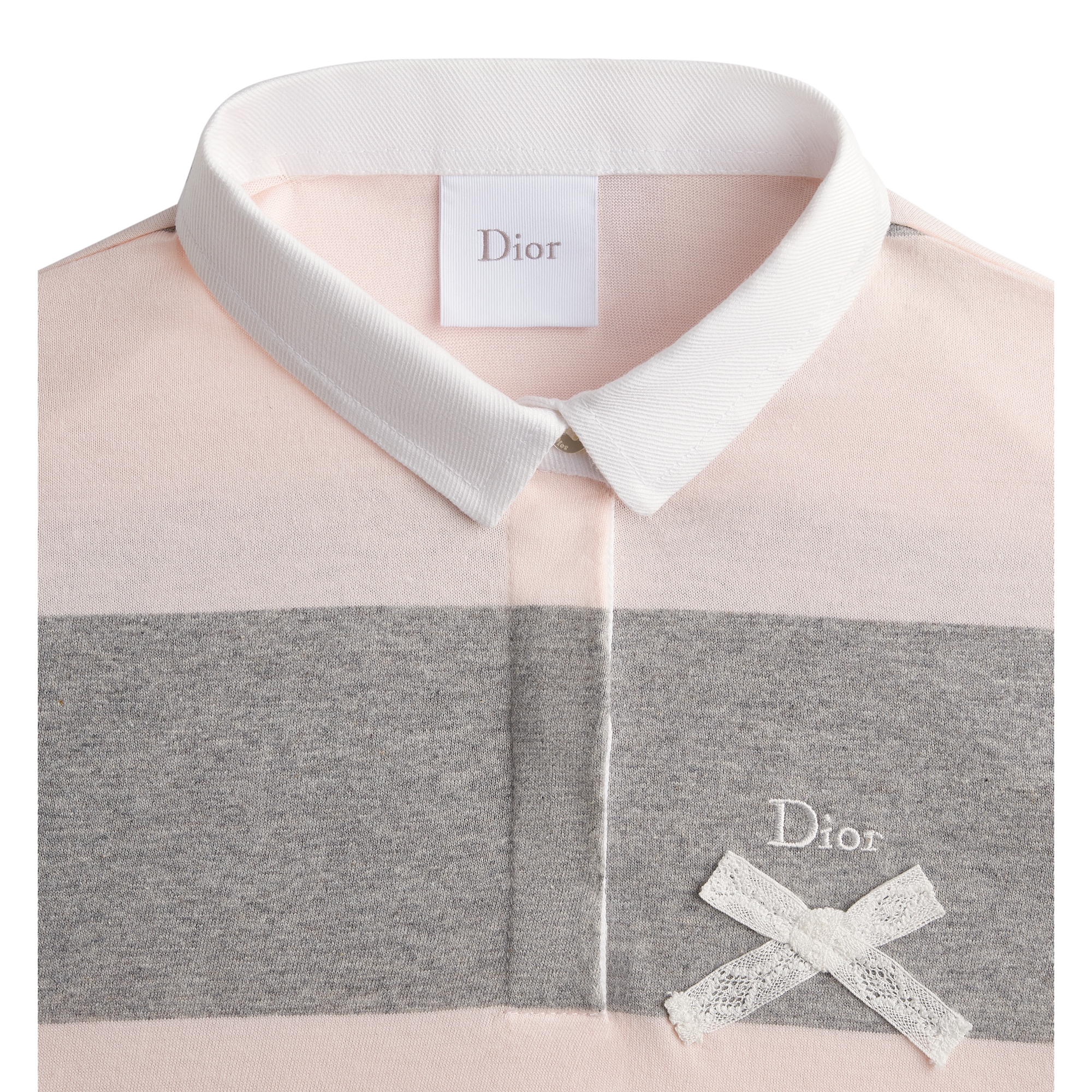 Kids' Long-Sleeved Polo Shirt Gray and Pale Pink Striped Cotton Jersey E10