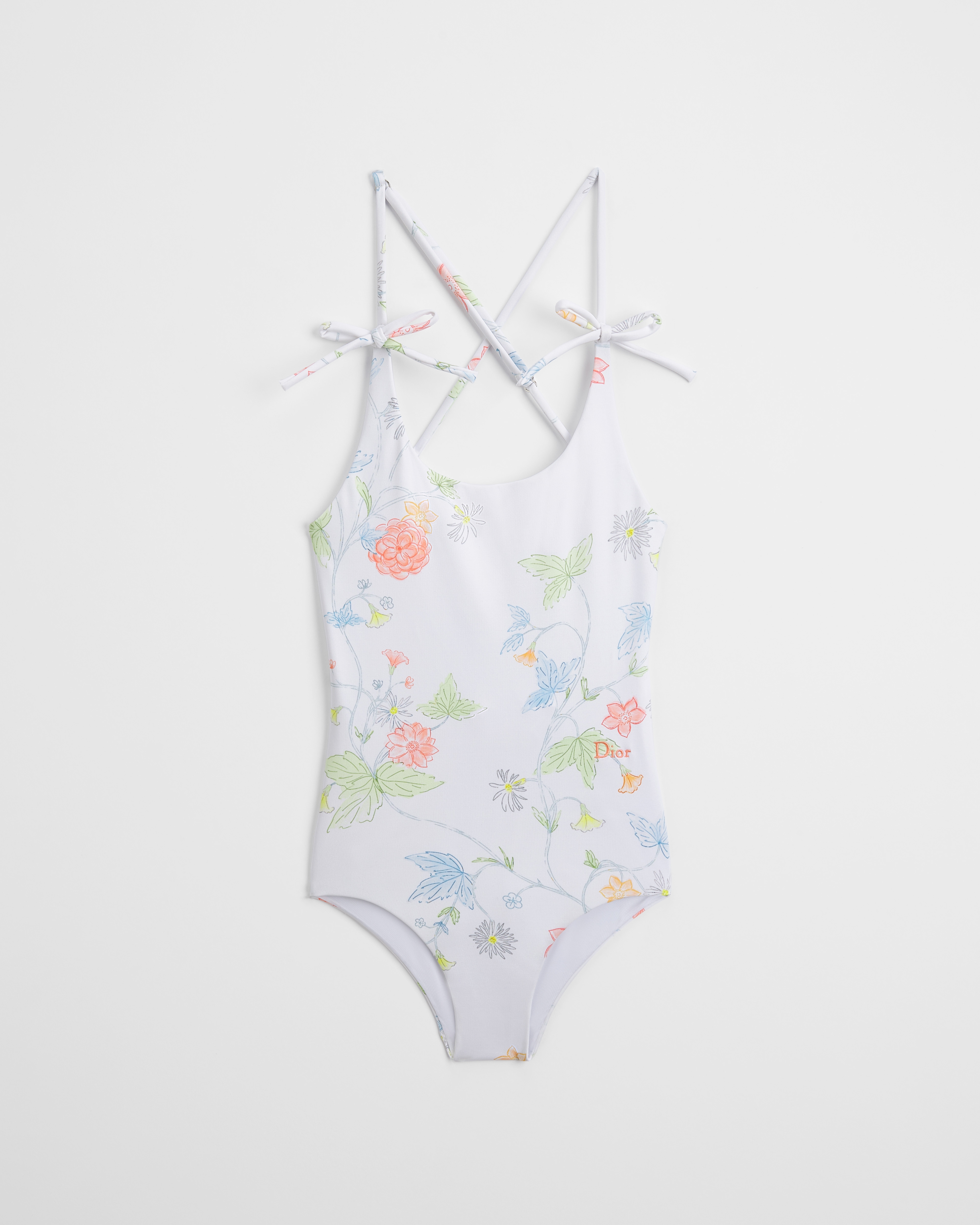Kids' One-Piece Swimsuit Ivory Technical Fabric with Multicolor Seasonal Floral Motif E01