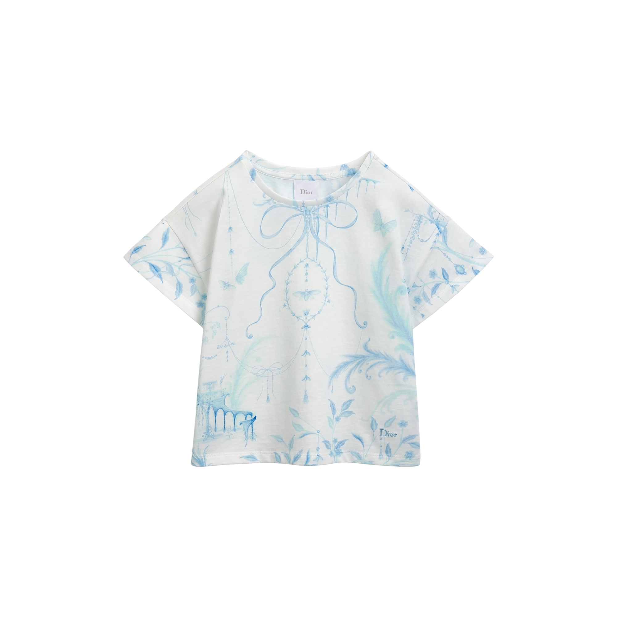 Kids' T-Shirt Ivory Cotton Jersey with Blue and Green Toile de Jouy Motif E01
