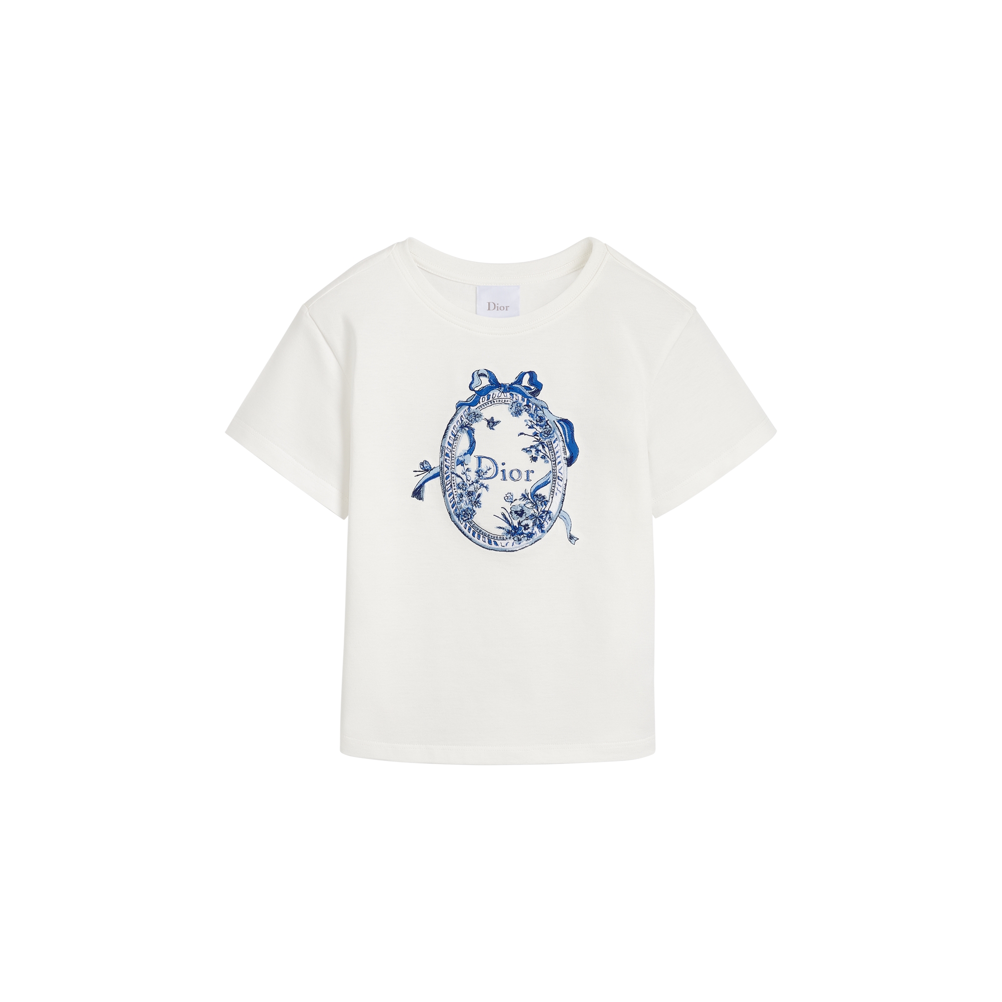 Kids' T-Shirt White Cotton Jersey with Blue Toile de Jouy Floral Garden Motif E01