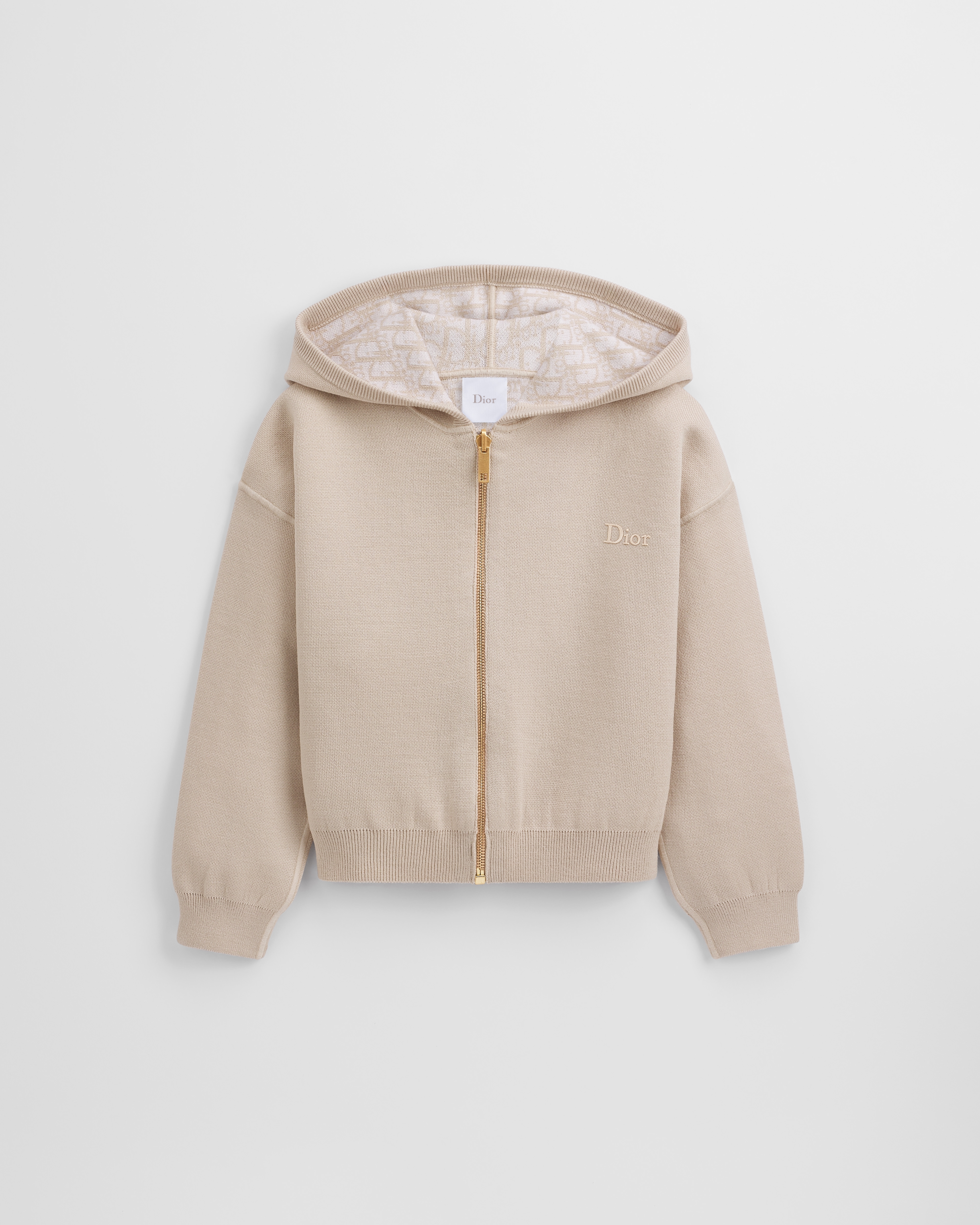 Kids' Reversible Zipped Cardigan with Hood Beige Wool Knit and Dior Oblique Jacquard E01