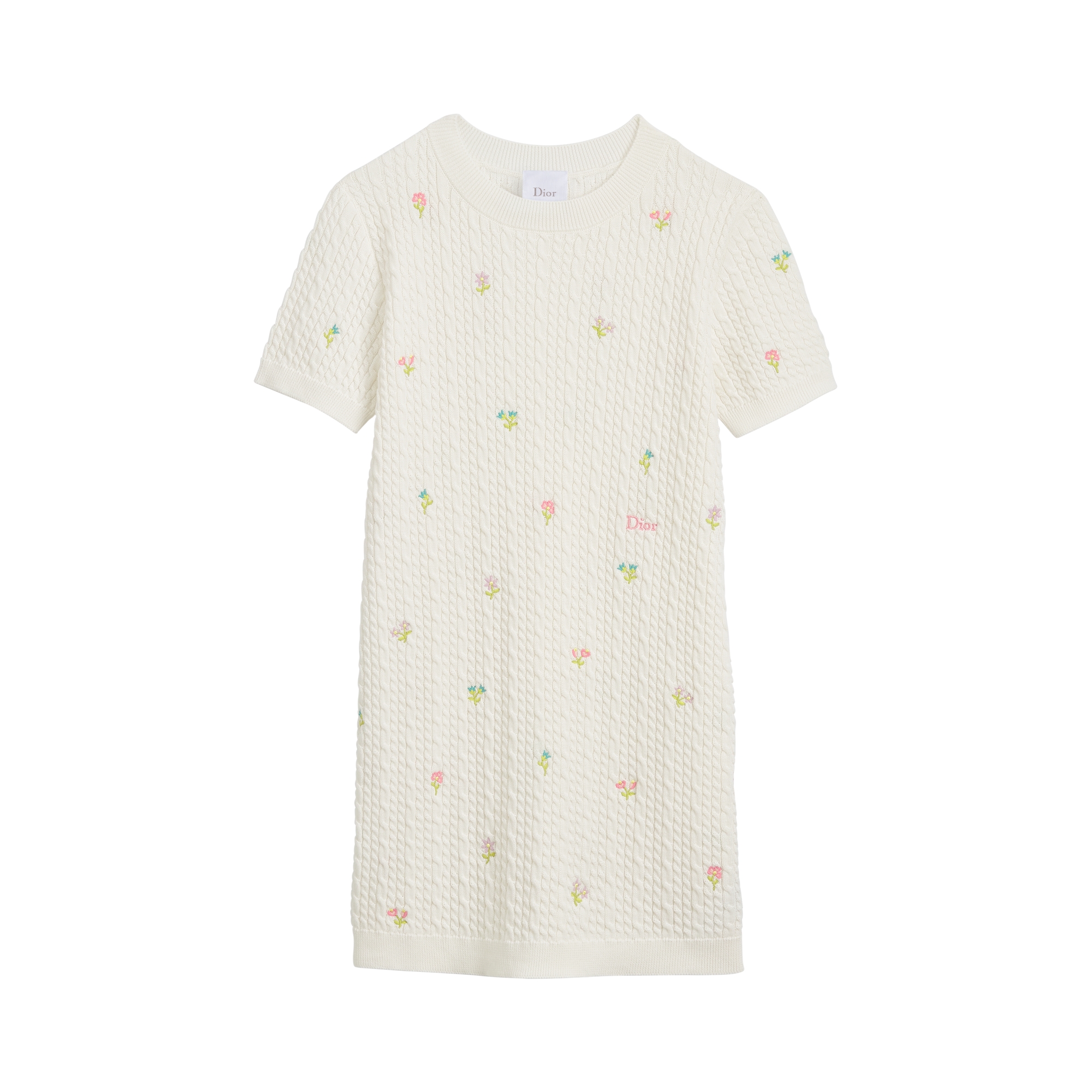 Kids' Straight Dress Ivory Cable-Knit Cotton Embroidered with Multicolor Flowers E01