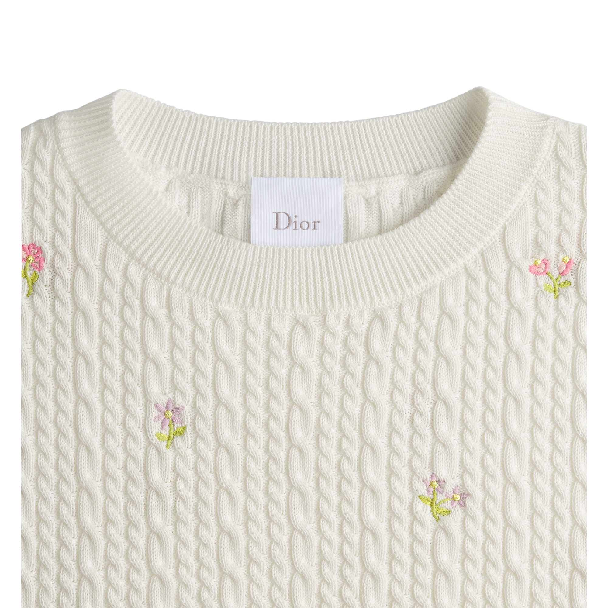 Kids' Straight Dress Ivory Cable-Knit Cotton Embroidered with Multicolor Flowers E10