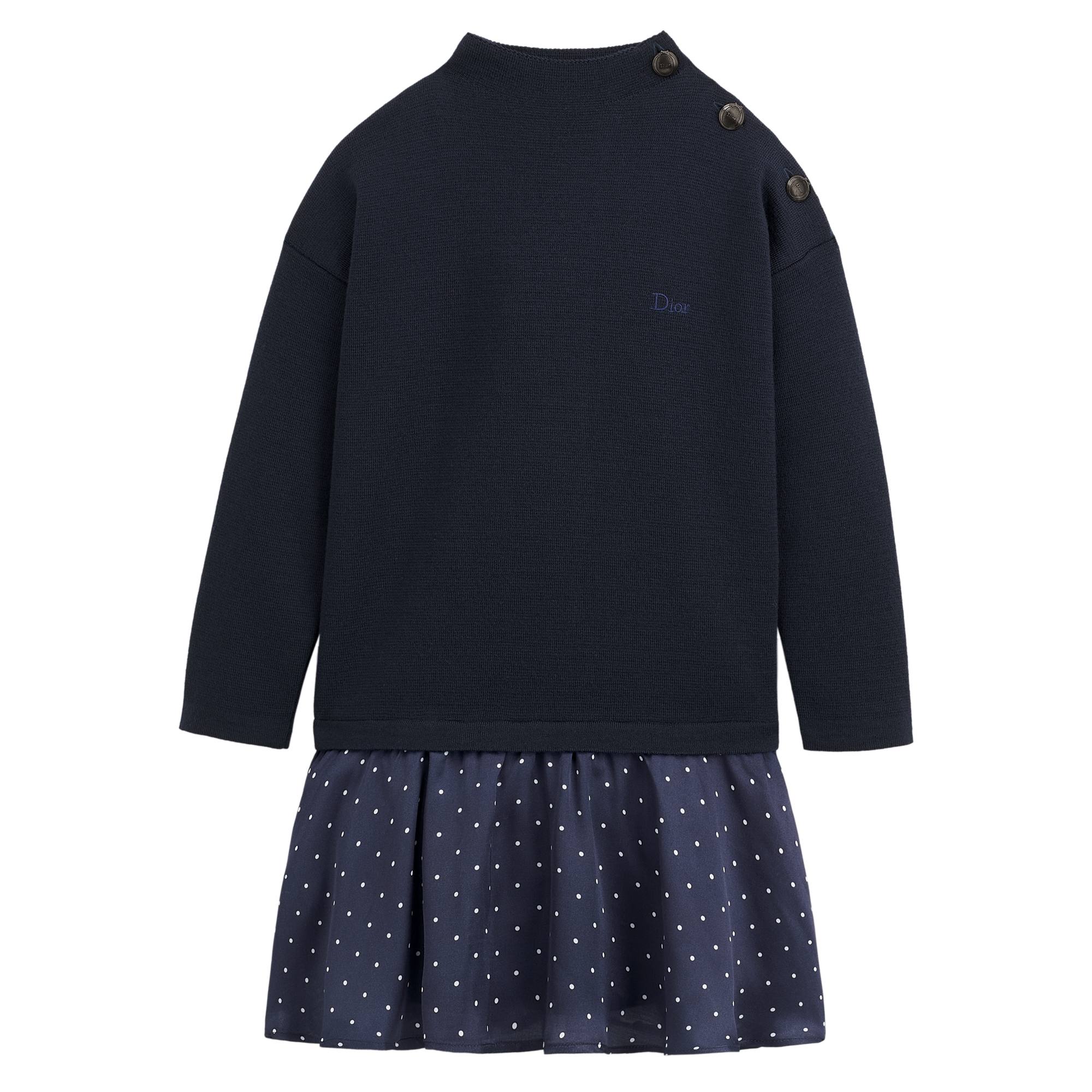 Kids' Flared Dress Navy Blue Wool Knit and Navy Blue Polka Dot Satin E01