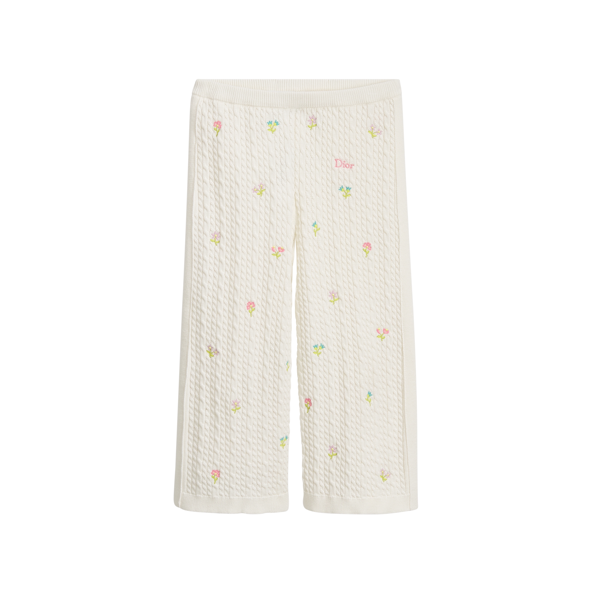 Kids' Wide-Leg Pants Ivory Cable-Knit Cotton Embroidered with Multicolor Flowers E01