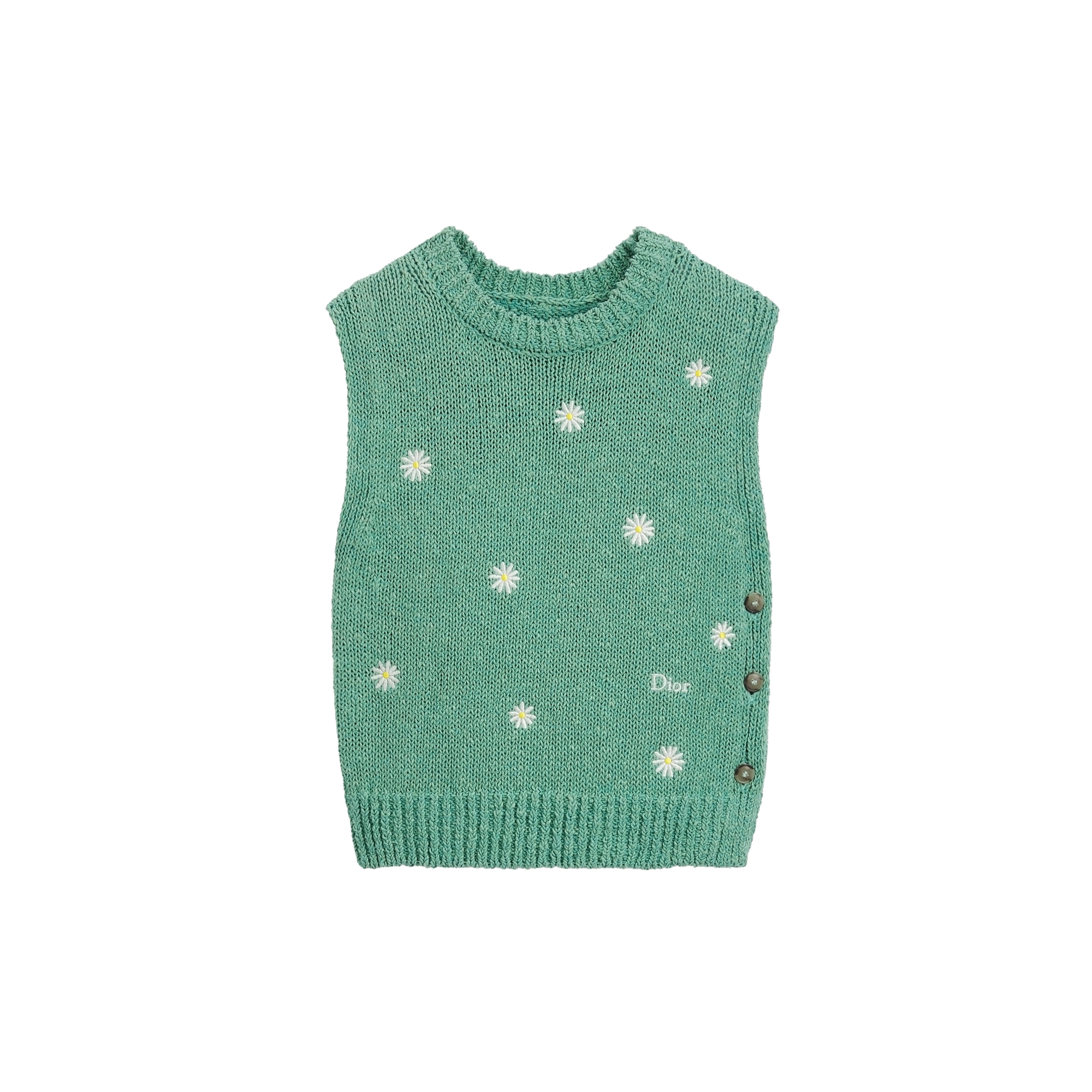 Kids' Sweater Vest Mint Green Cotton, Linen and Silk Mouliné Knit with Ivory and Yellow Daisy Motif E01