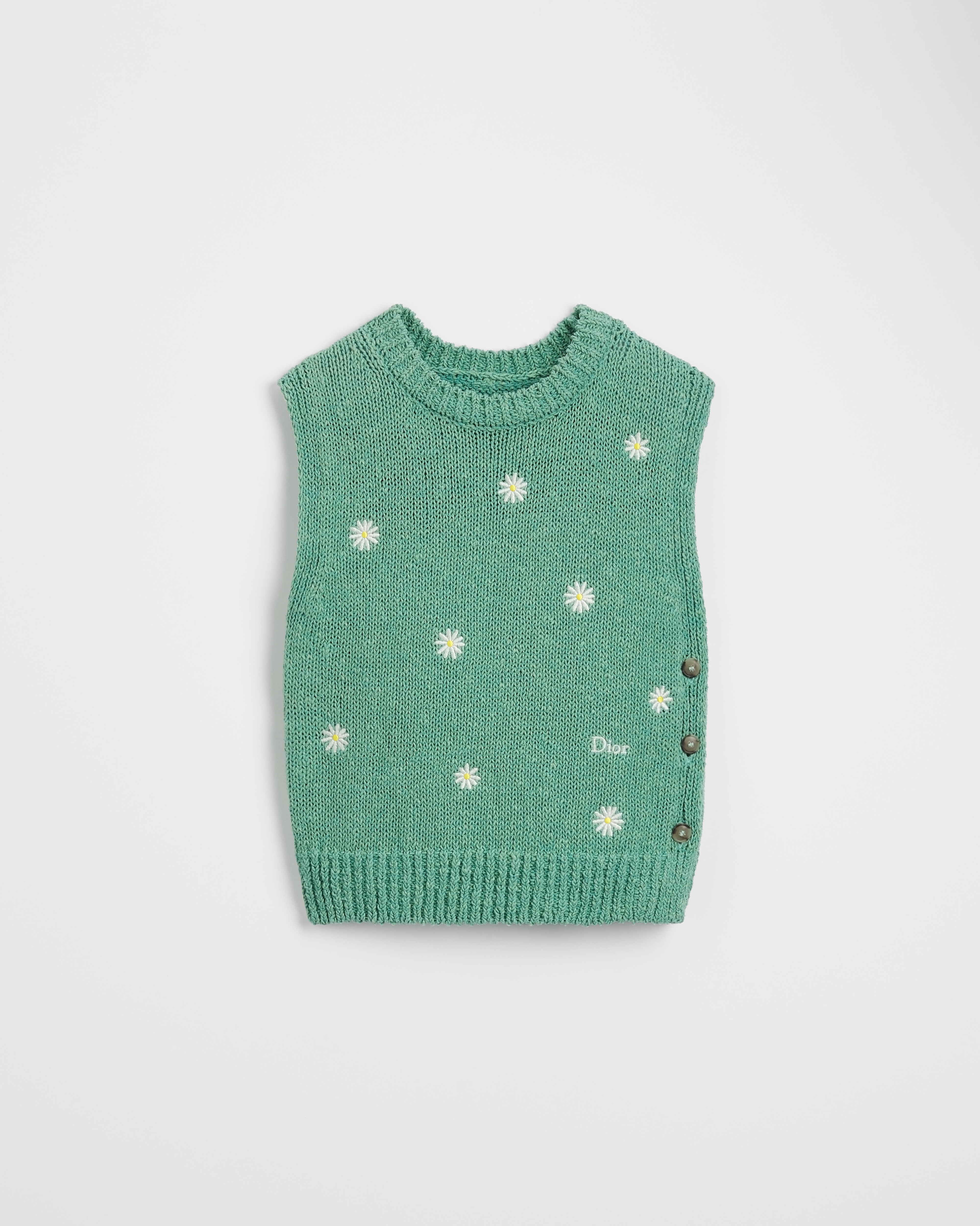 Chaleco de punto infantil Punto mouliné de algodón, lino y seda menta con motivo de margaritas marfil y amarillo E01