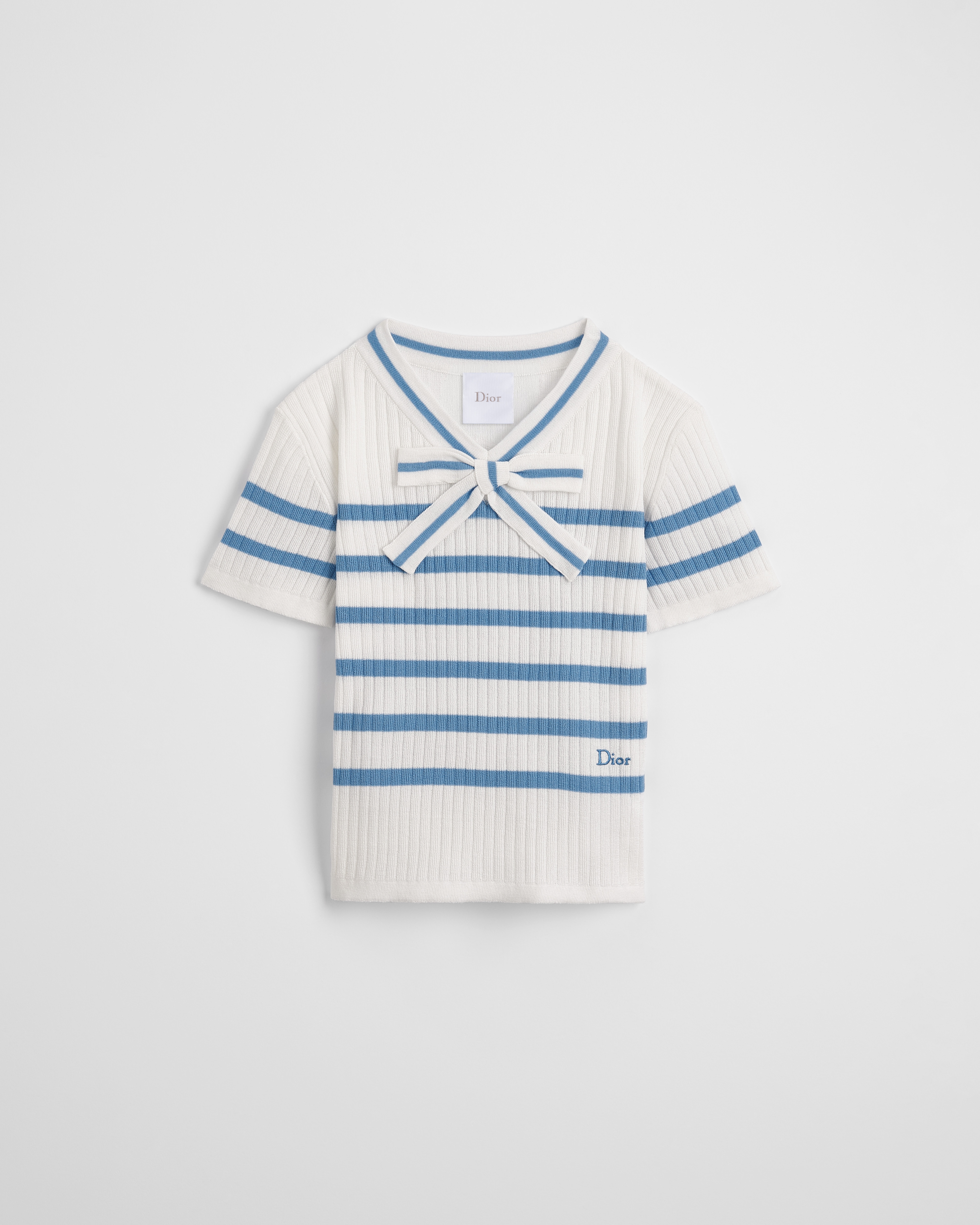 Kids' T-Shirt Ivory Cotton Ribbed Knit with Blue Stripes E01
