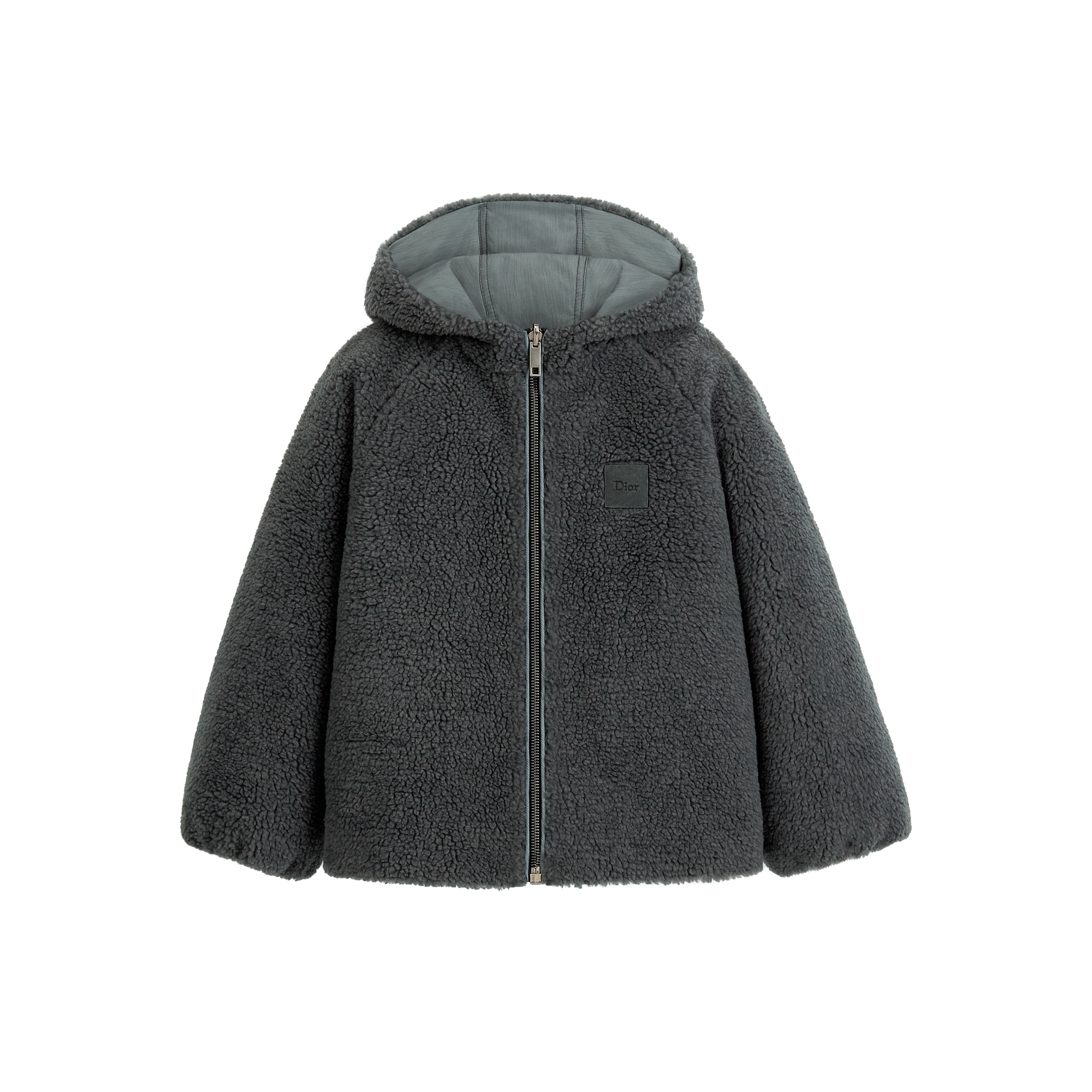 Kids' Reversible Hooded Jacket Deep Gray Bouclé and Gray Water-Repellent Technical Fabric E01