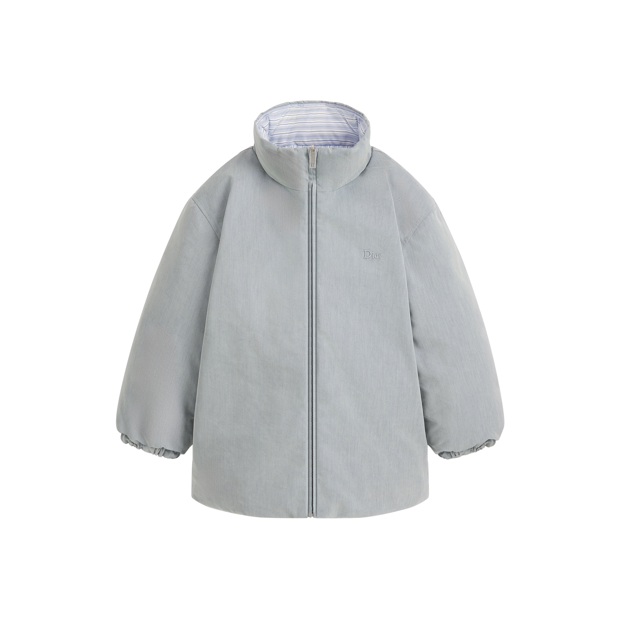 Kids' Reversible Puffer Jacket Stonewashed Blue Water-Repellent Cotton-Blend Technical Fabric with Light Blue Stripes E01