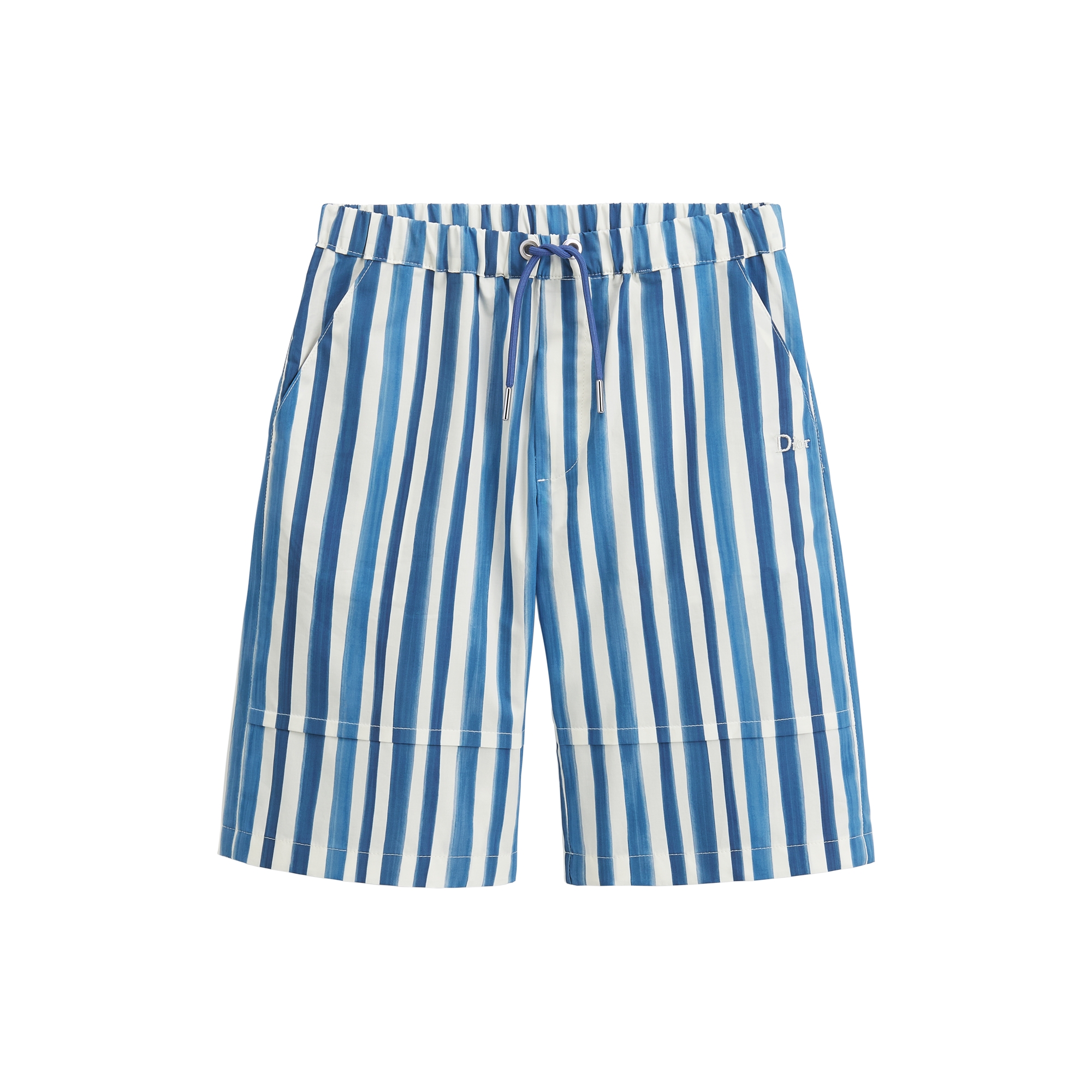 Kids' Bermuda Shorts Ivory Technical-Effect Cotton with Blue Stripes E01