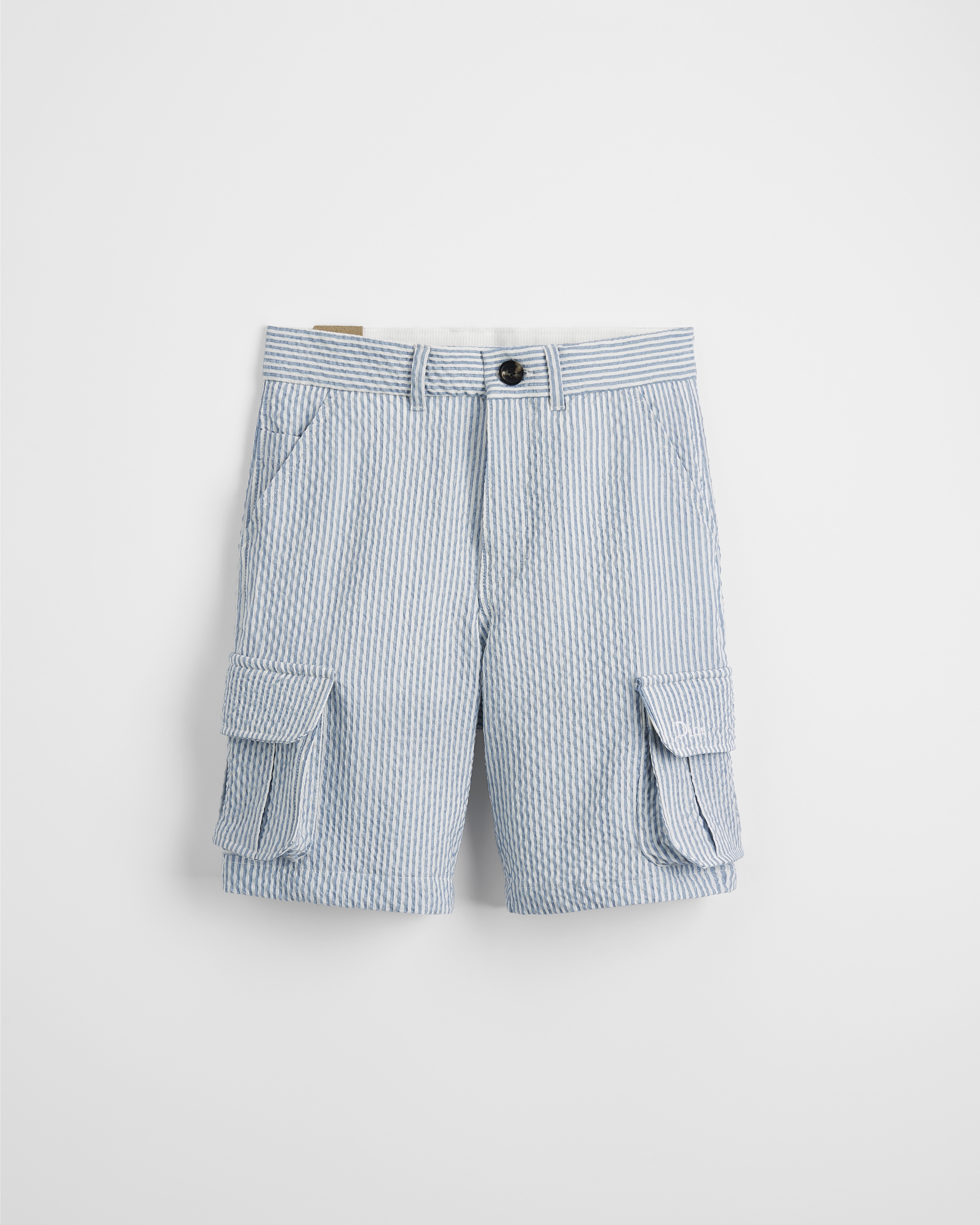 Cargoshorts für Kinder Seersucker aus Schurwolle, Seide und Leinen mit Streifen in Hellblau E01