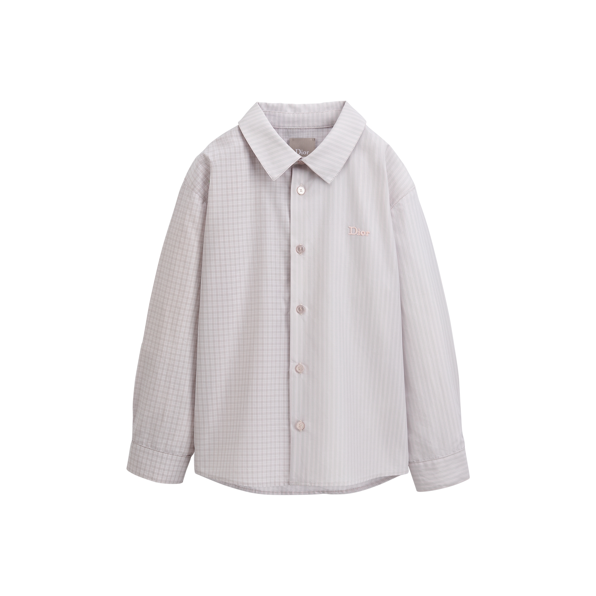 Kids' Shirt Gray and Pale Pink Striped and Checkered Cotton Poplin E01