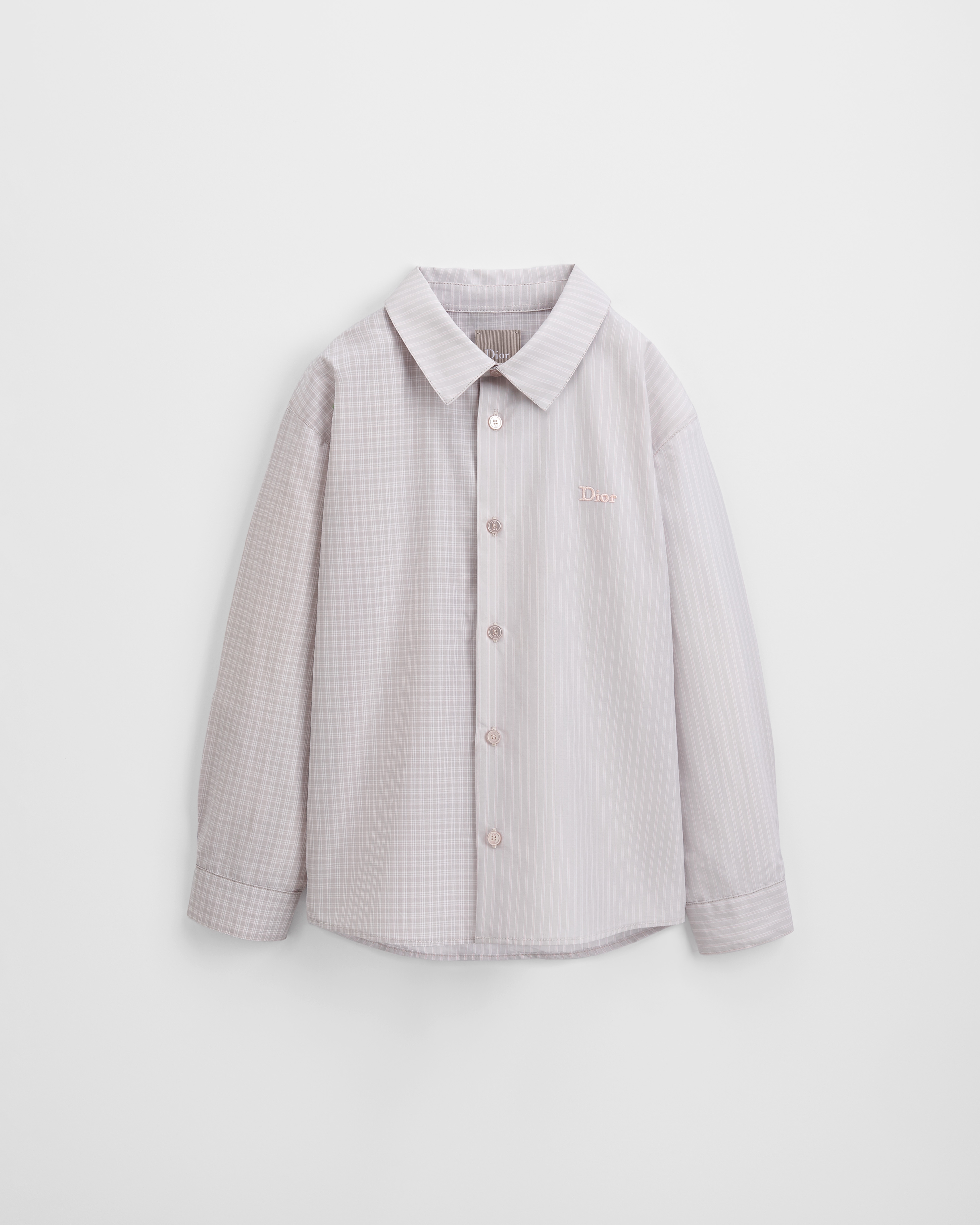 Camicia per bambini Popeline di cotone grigia e rosa pallido a strisce e a quadri E01