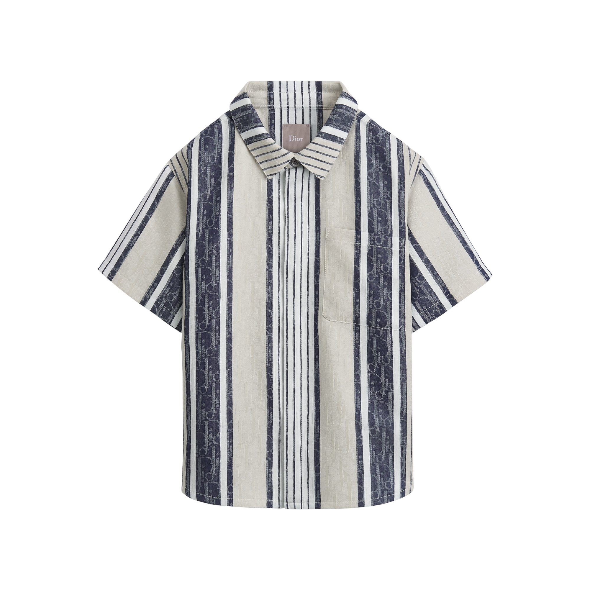 Kids' Short-Sleeved Shirt Gray and Blue Striped Dior Oblique Sun Stripes Cotton-Silk Jacquard E01