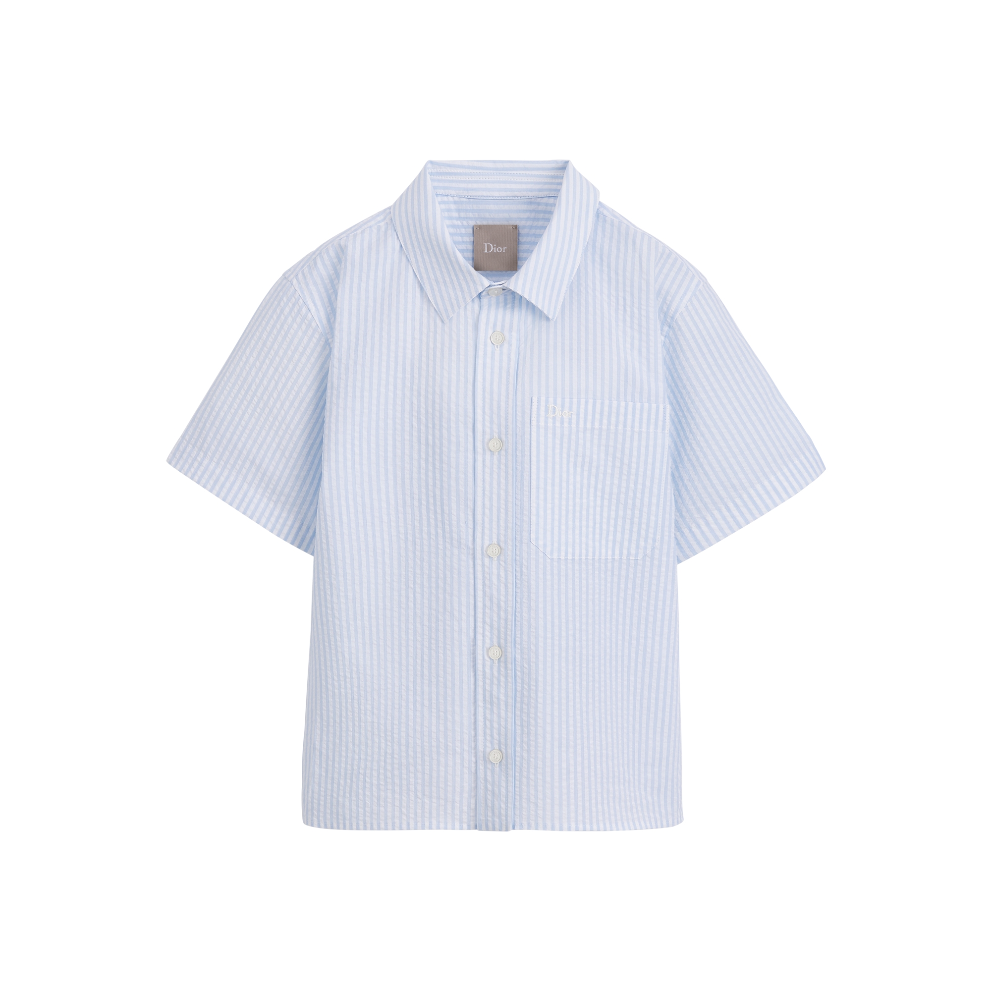 Kids' Short-Sleeved Shirt Blue Cotton Seersucker | DIOR