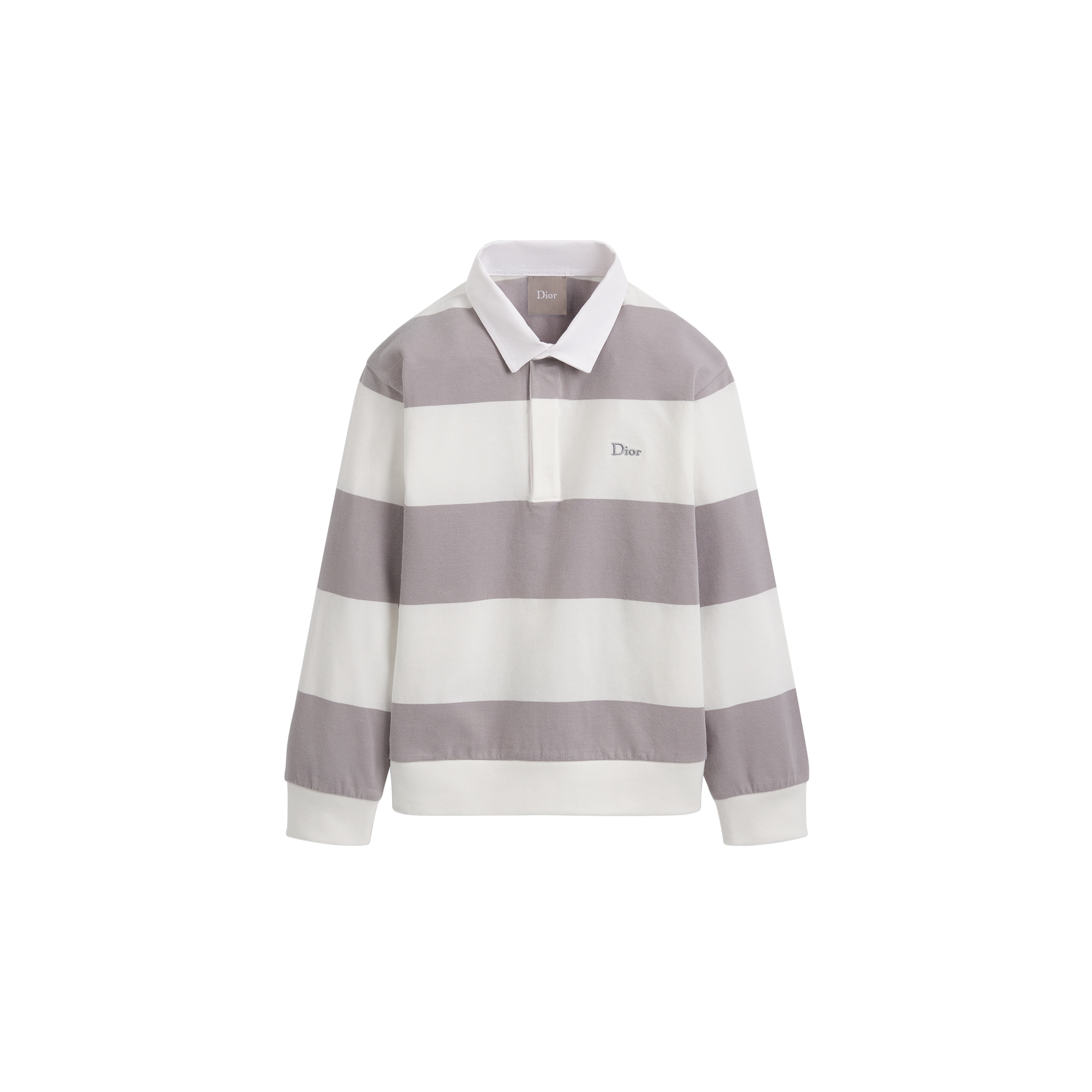 Kids' Long-Sleeved Polo Shirt Ivory and Gray Striped Cotton Jersey E01