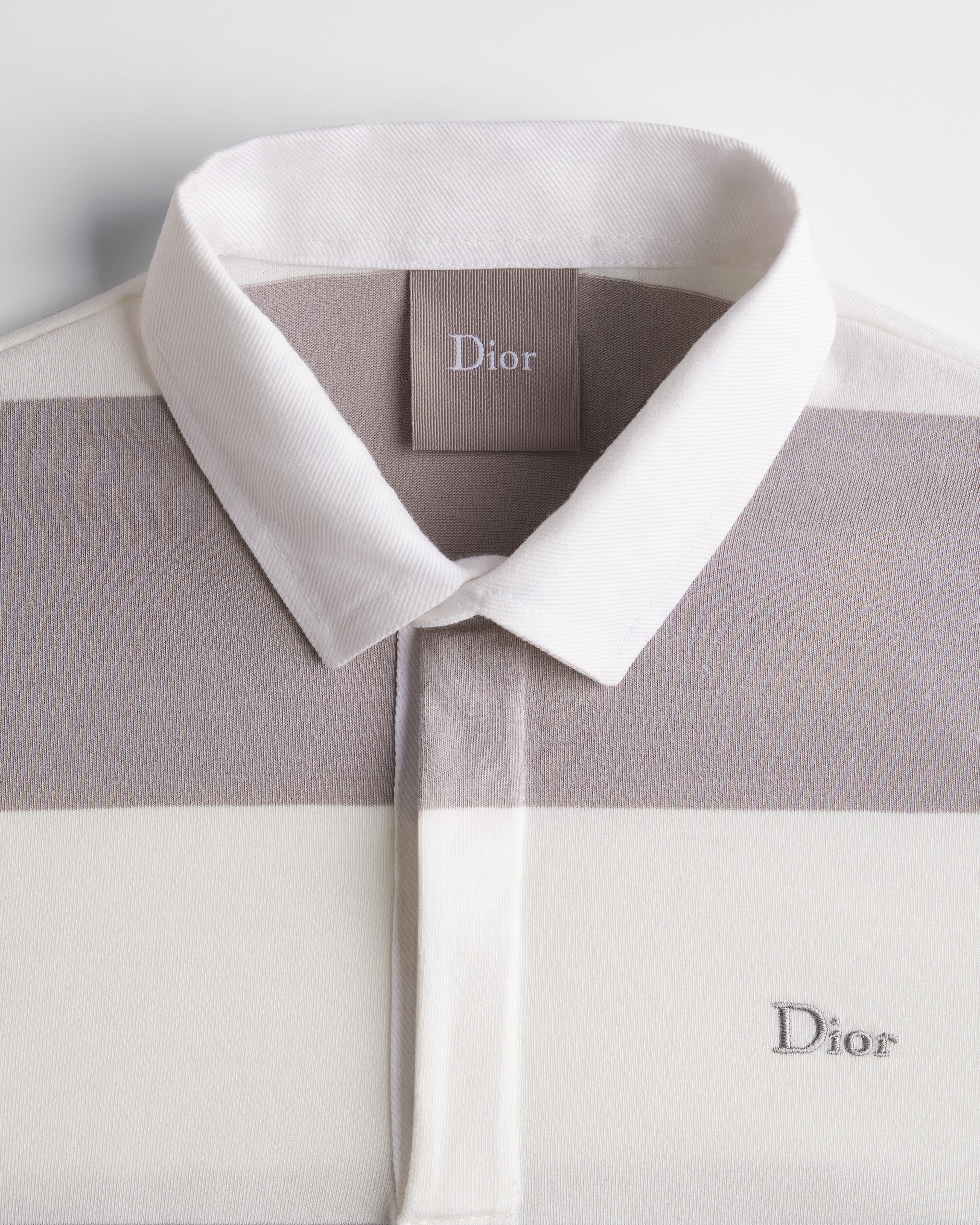 Kids' Long-Sleeved Polo Shirt Ivory and Gray Striped Cotton Jersey E10