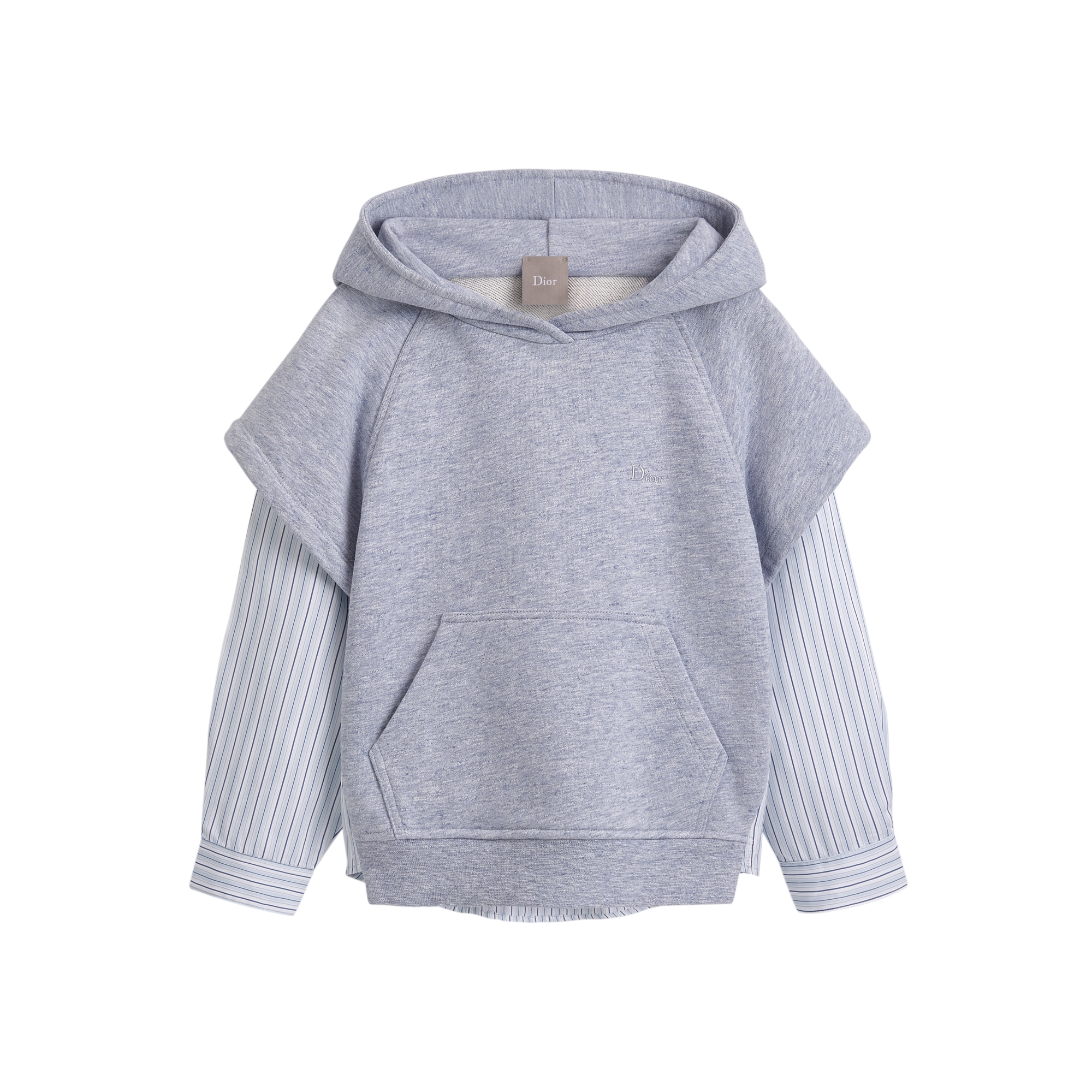 Kids' Hooded Sweatshirt Heathered Gray-Blue Cotton Fleece and Light Blue Striped Cotton Poplin E01