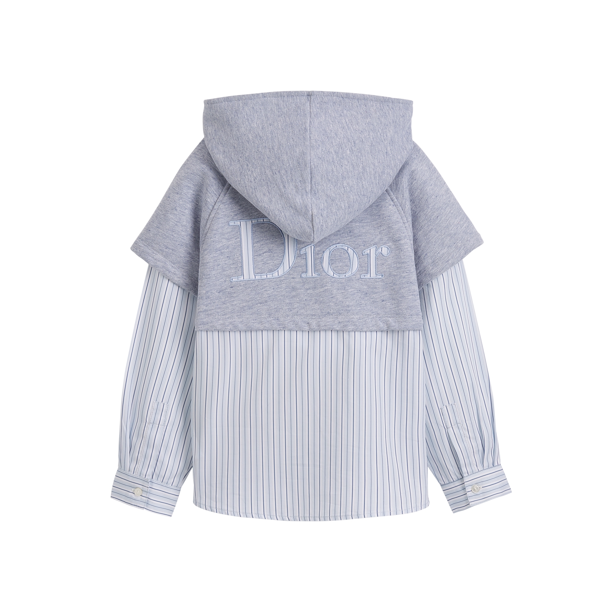 Kids' Hooded Sweatshirt Heathered Gray-Blue Cotton Fleece and Light Blue Striped Cotton Poplin E08