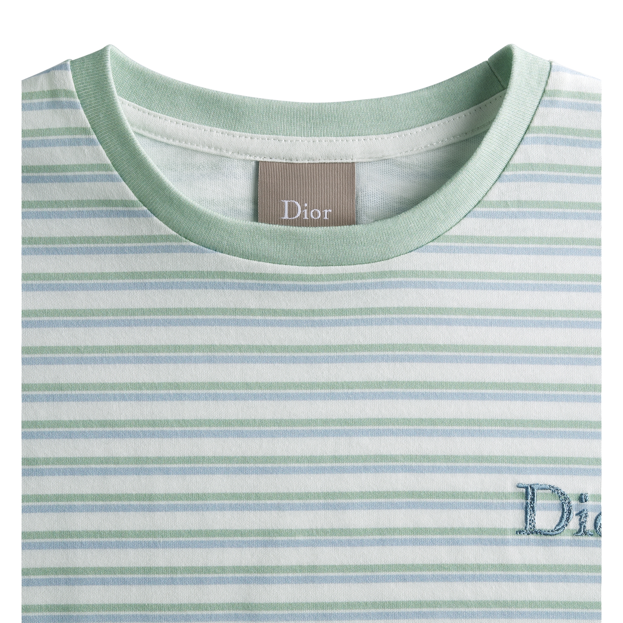 Kids' T-Shirt Ivory Cotton Jersey with Green and Light Blue Stripes E10