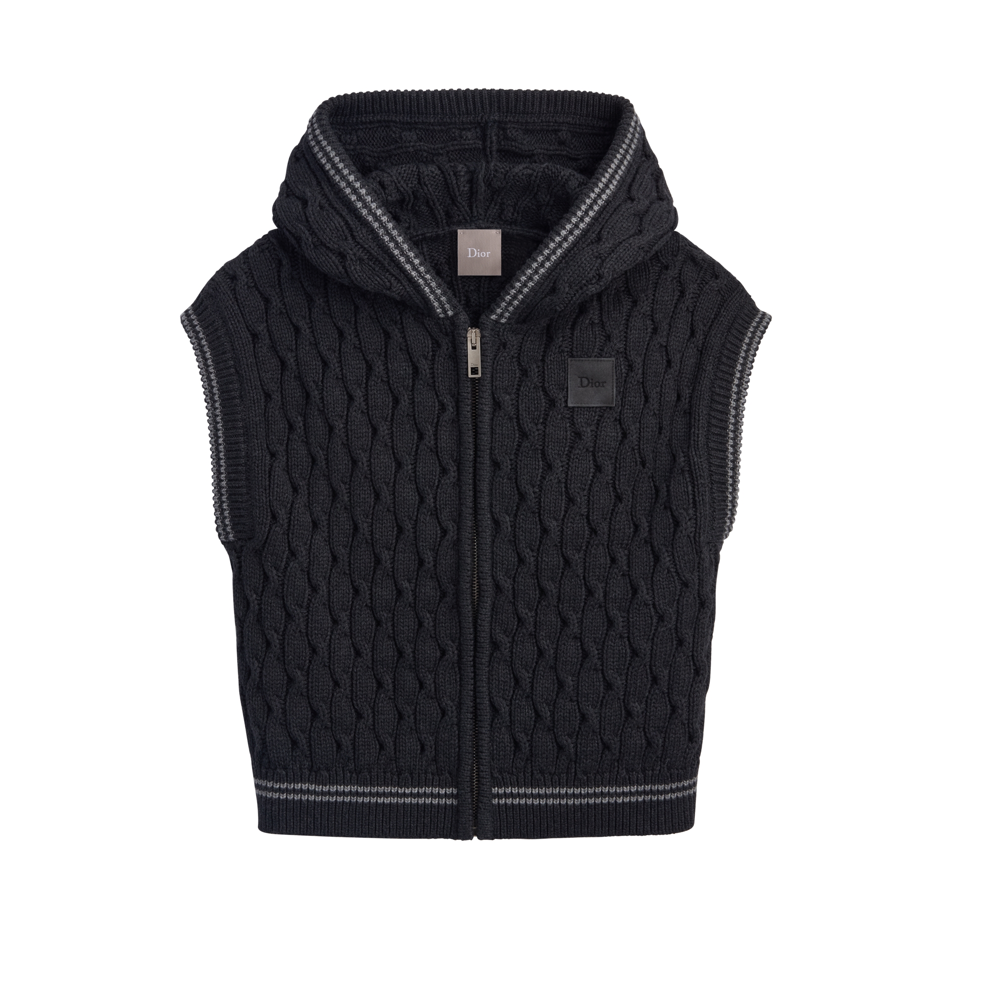 Kids' Zipped Sweater Vest with Hood Deep Gray Cable-Knit Cotton and Wool E01