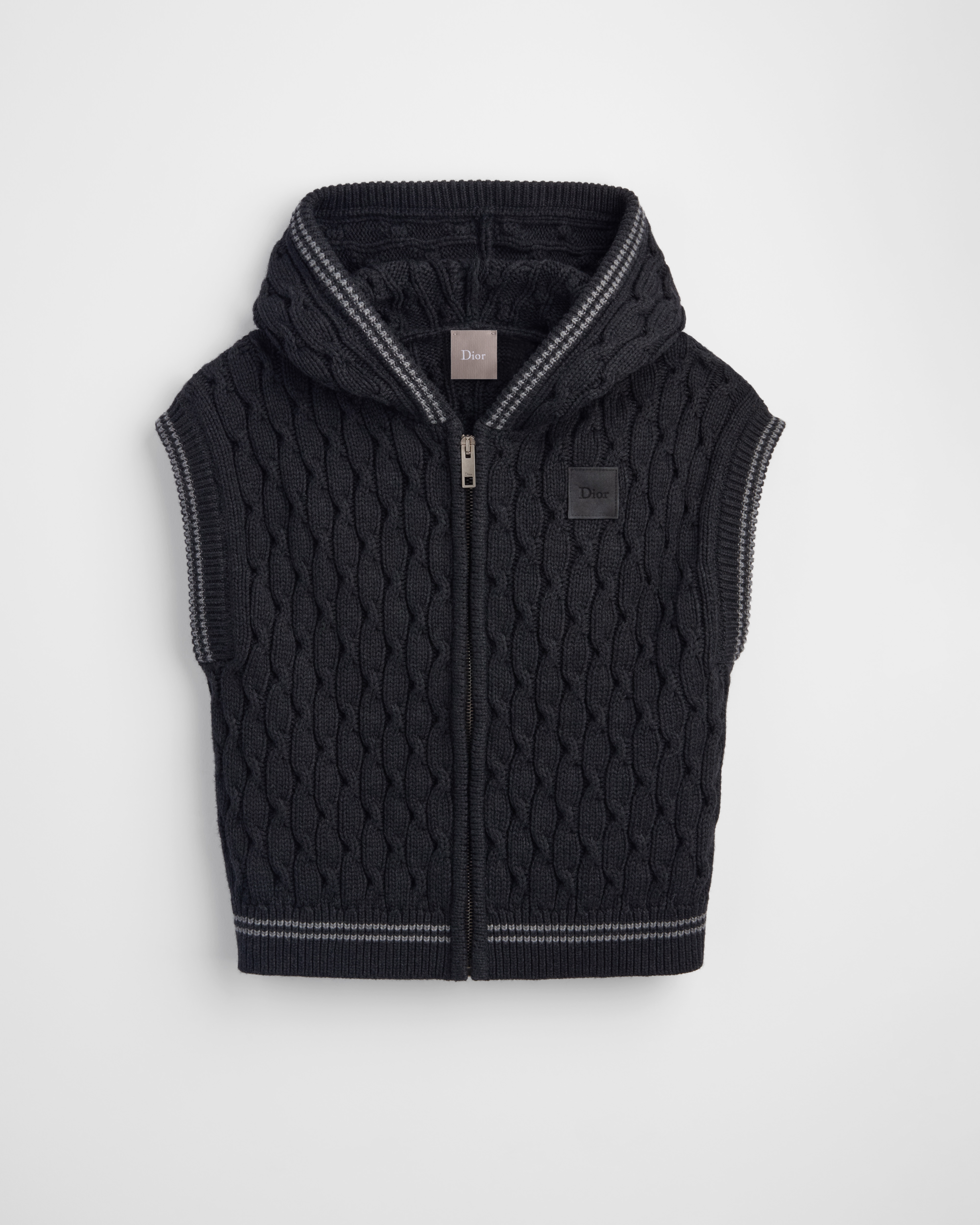 Kids' Zipped Sweater Vest with Hood Deep Gray Cable-Knit Cotton and Wool E01