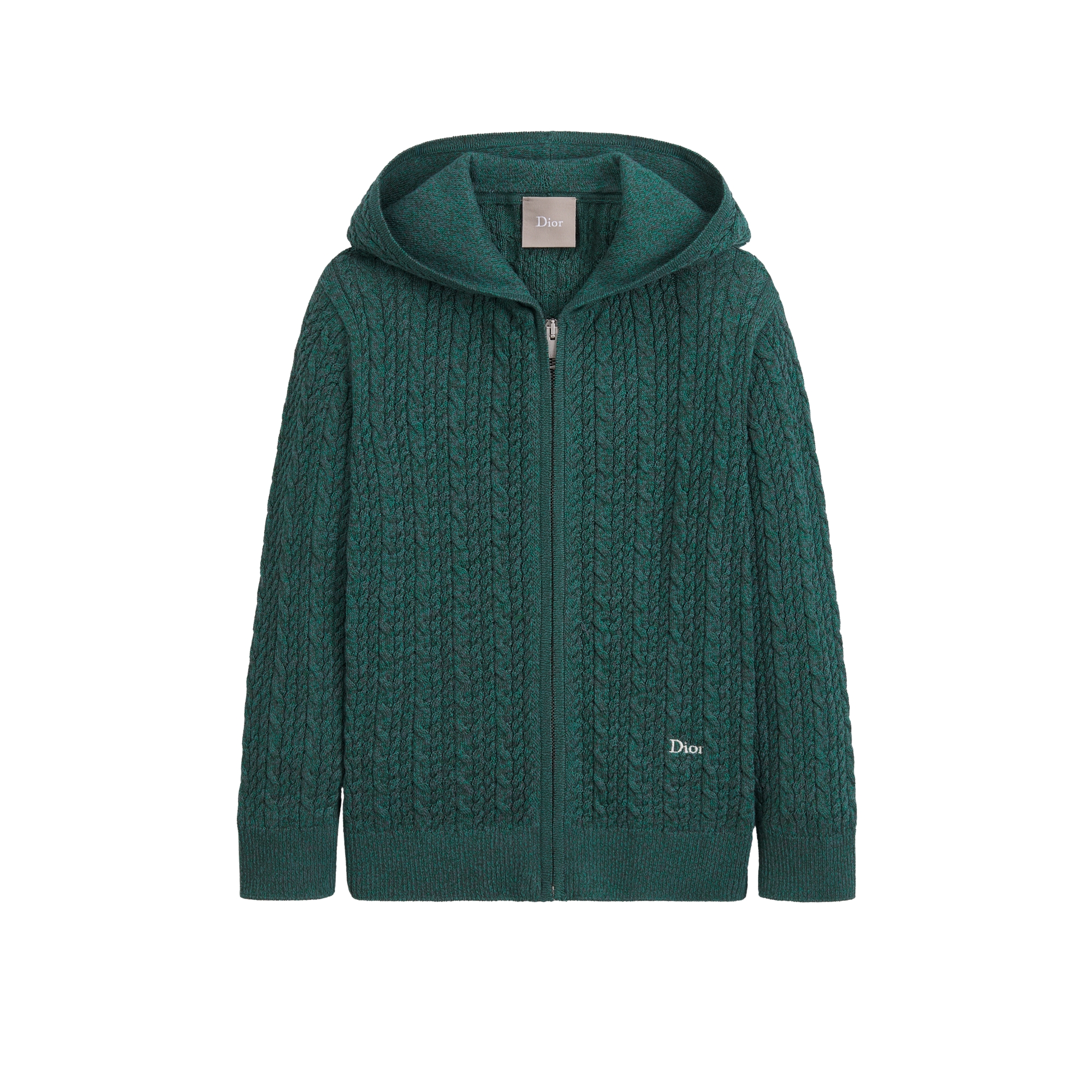 Kids' Zipped Cardigan with Hood Green and Gray Cable-Knit Mouliné Cotton Blend E01