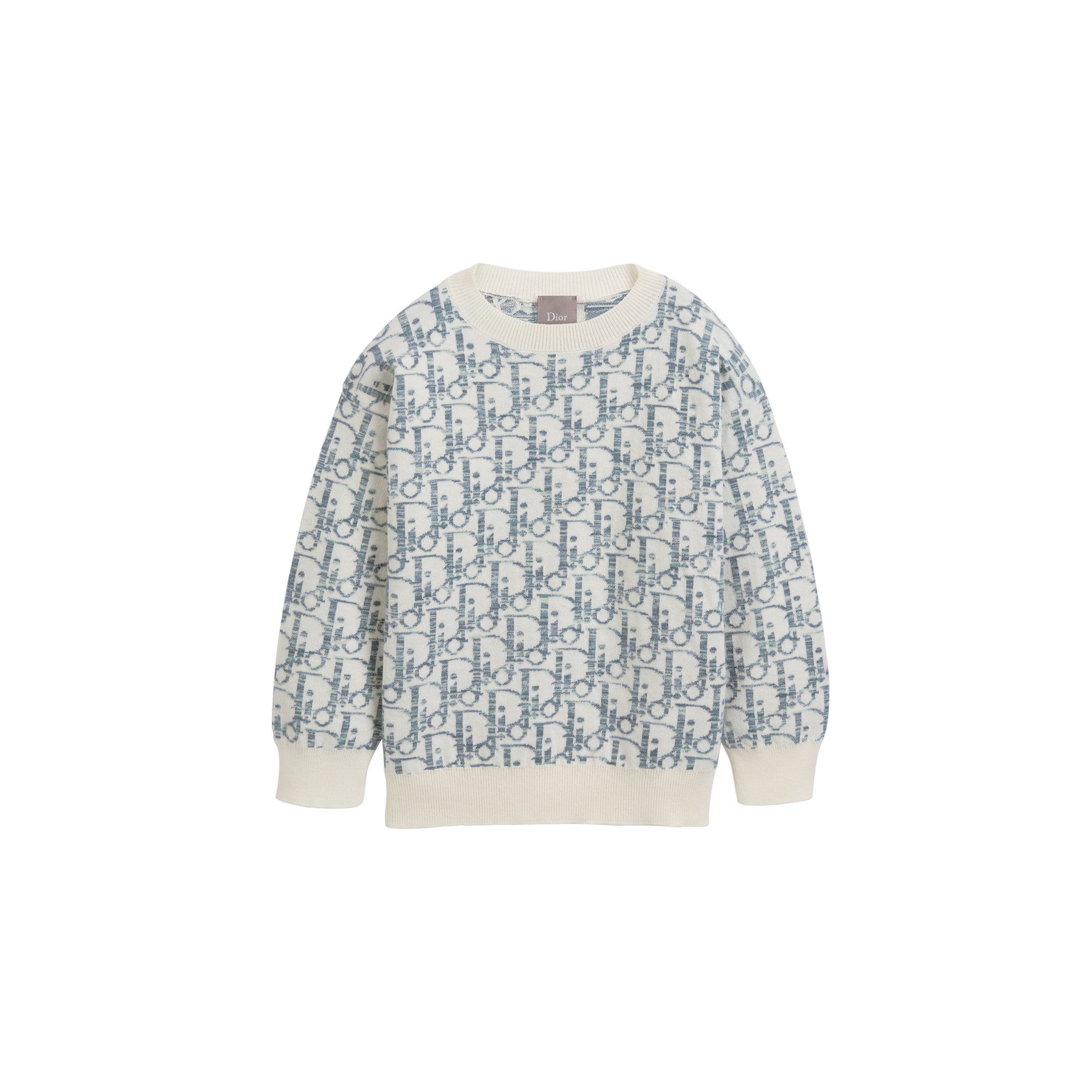 Kids' Sweater Ivory Cotton Knit with Green and Blue Dior Oblique Jacquard Motif E01