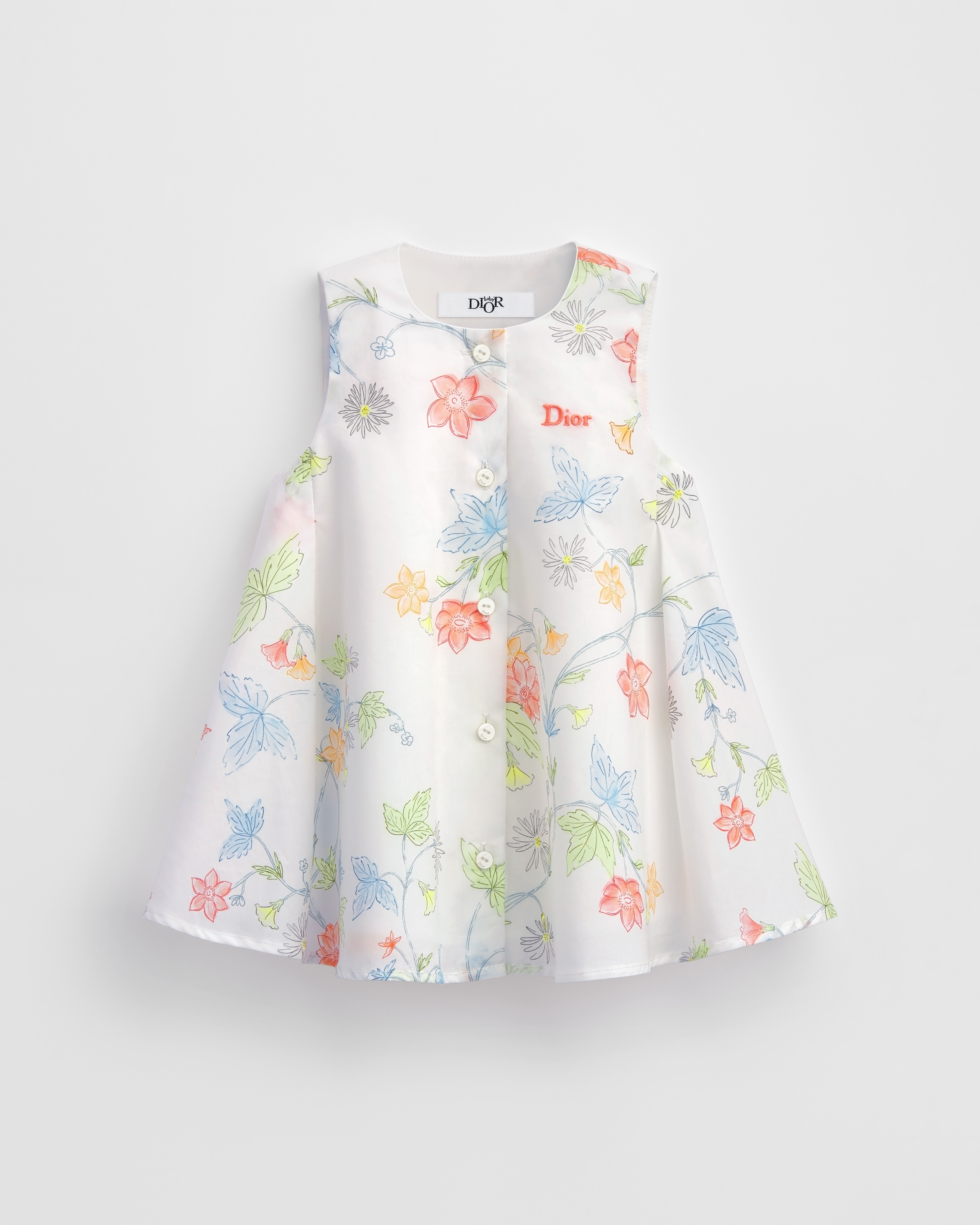 Baby Flared Dress Ivory Cotton Poplin with Multicolor Seasonal Floral Motif E01