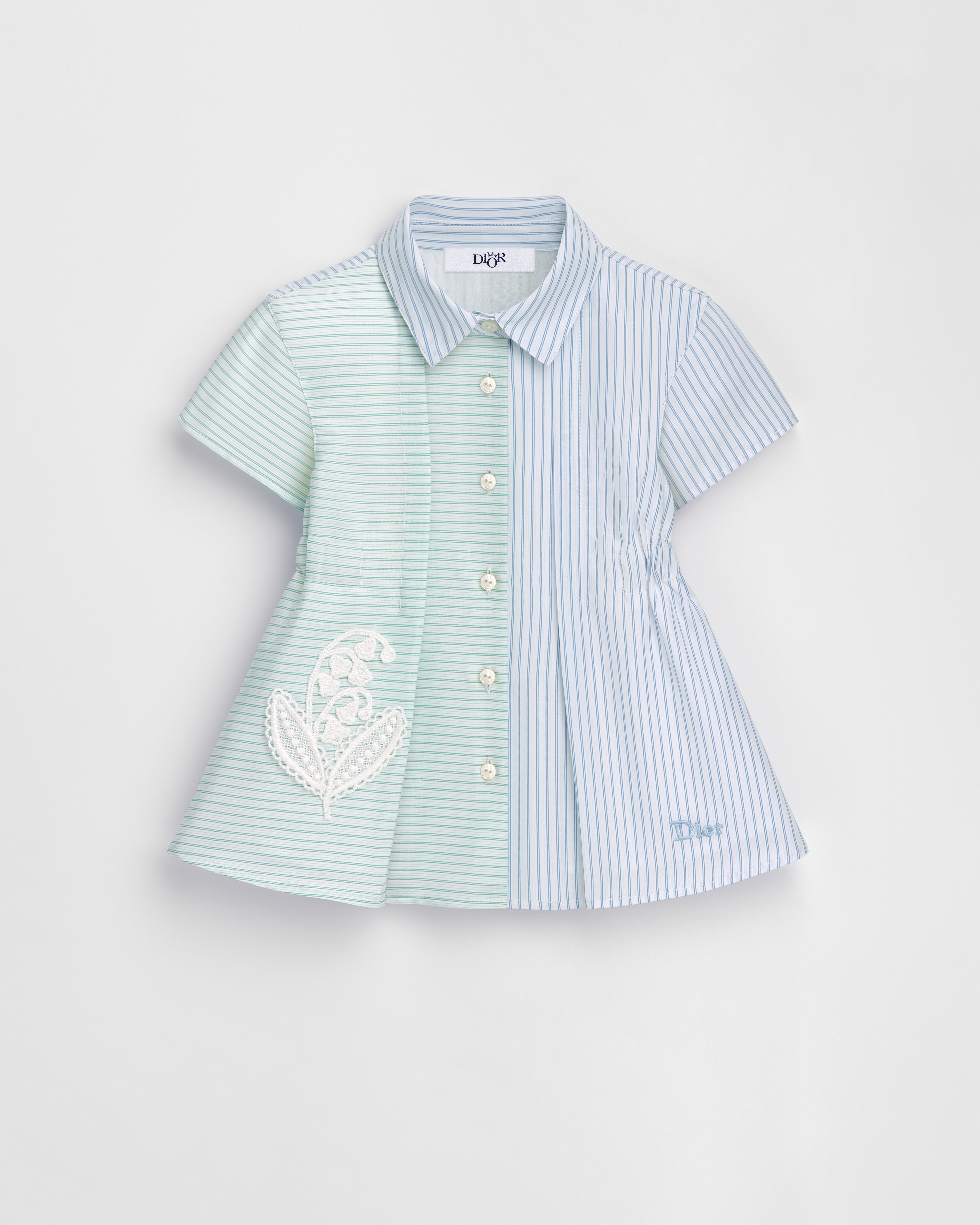 Vestido camisero para bebé Popelina de algodón marfil con rayas azules y verdes E01