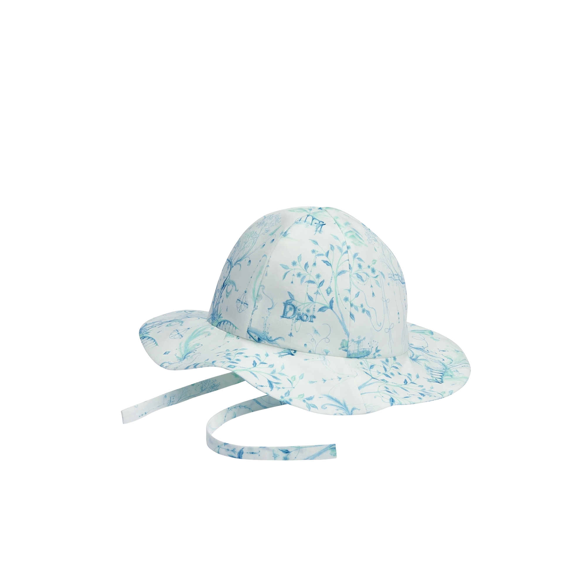 Baby Bucket Hat Ivory Cotton Poplin with Blue and Green Toile de Jouy Motif E03