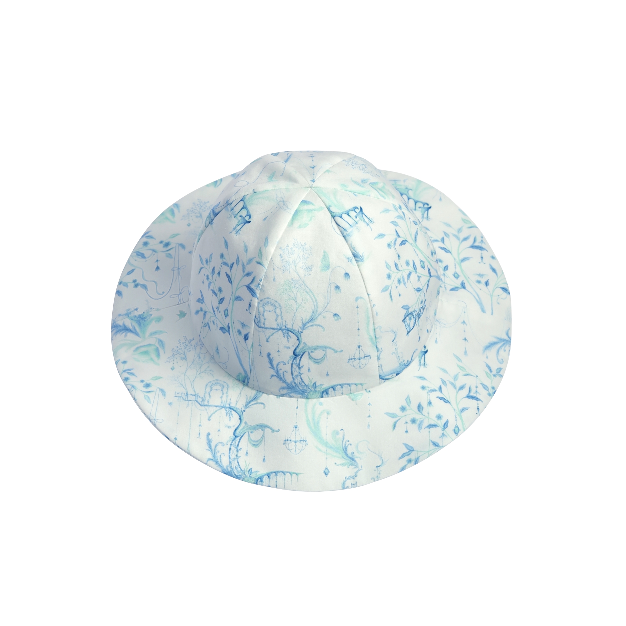 Baby Bucket Hat Ivory Cotton Poplin with Blue and Green Toile de Jouy Motif E06