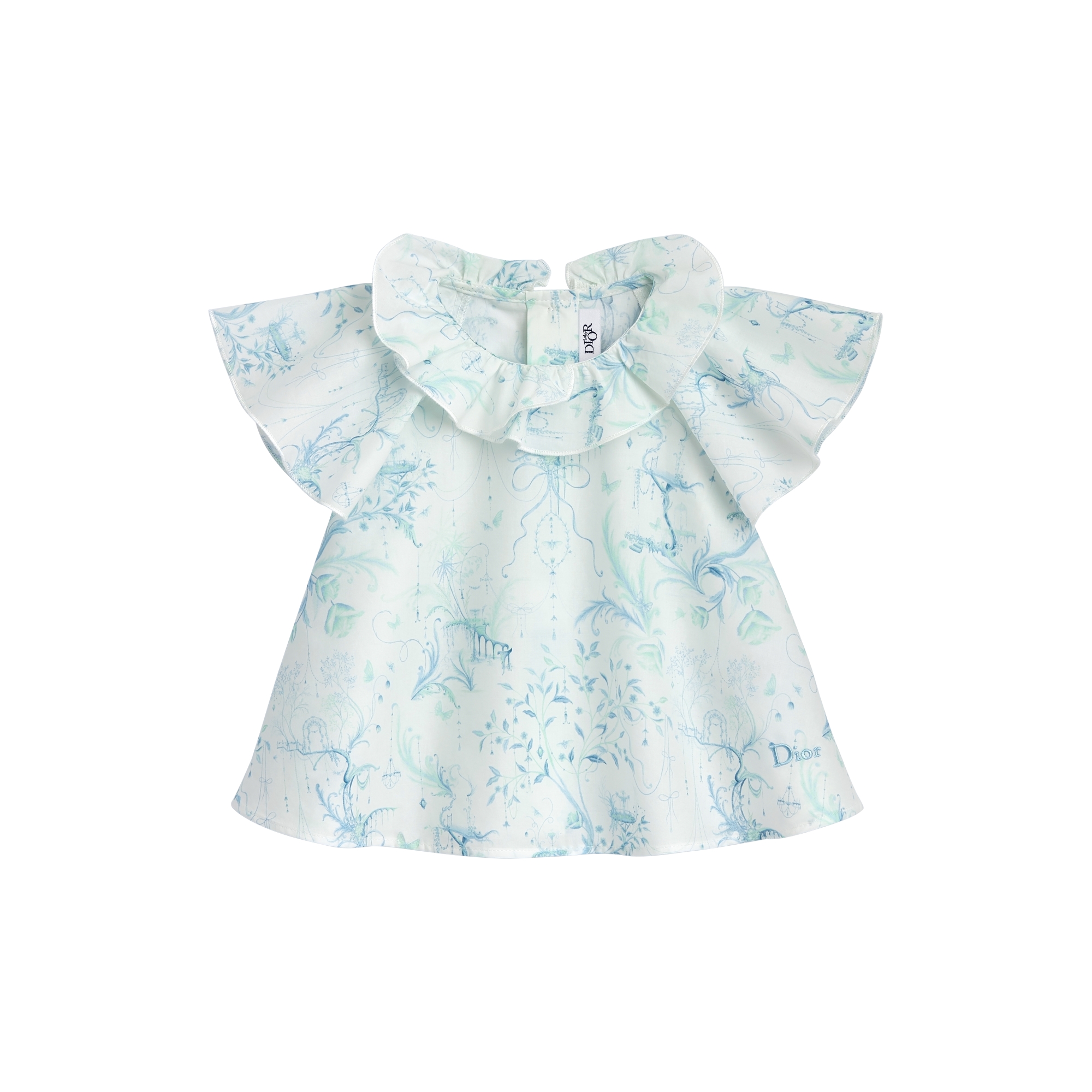Baby Blouse Ivory Cotton Poplin with Blue and Green Toile de Jouy Motif E01