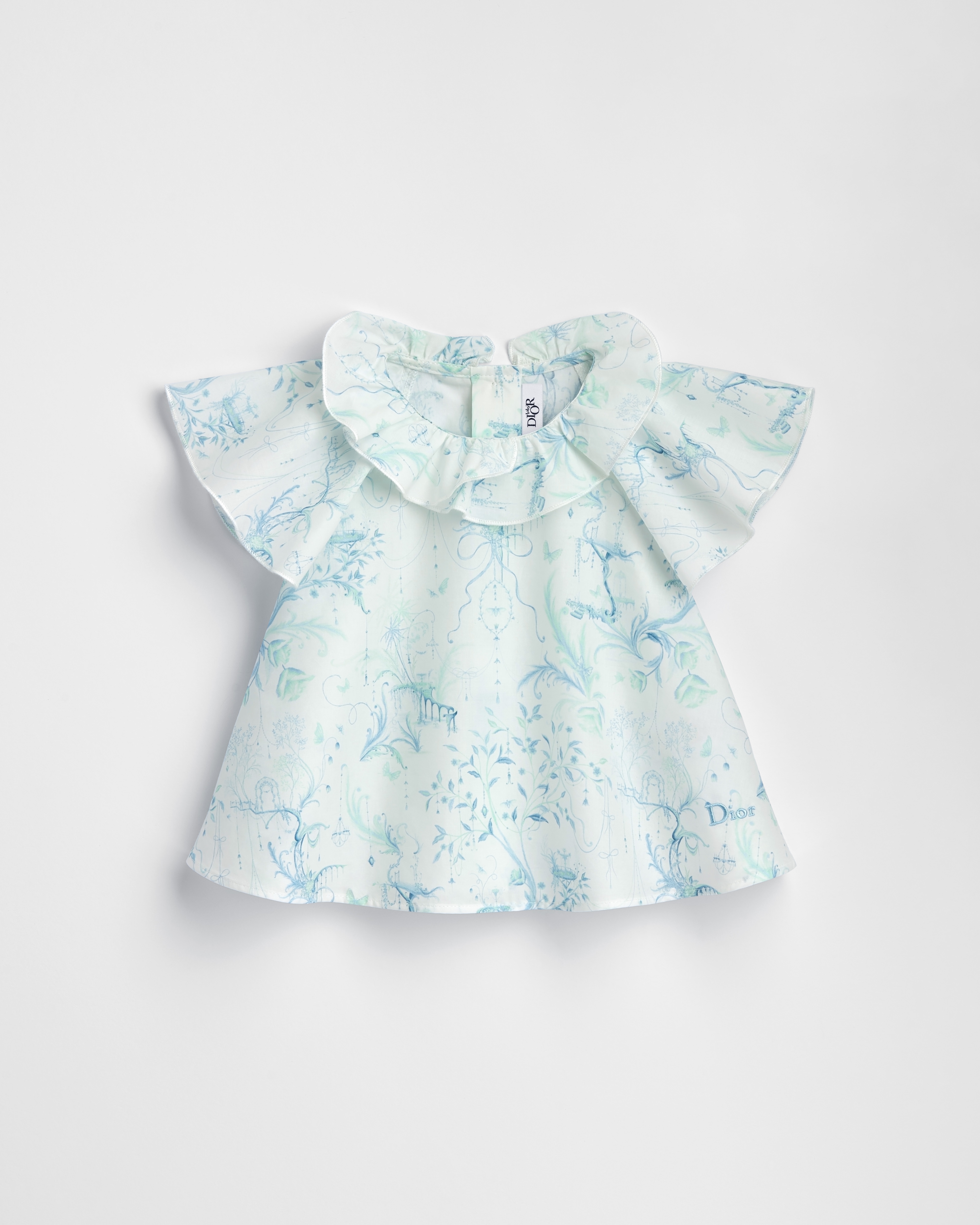 Baby Blouse Ivory Cotton Poplin with Blue and Green Toile de Jouy Motif E01