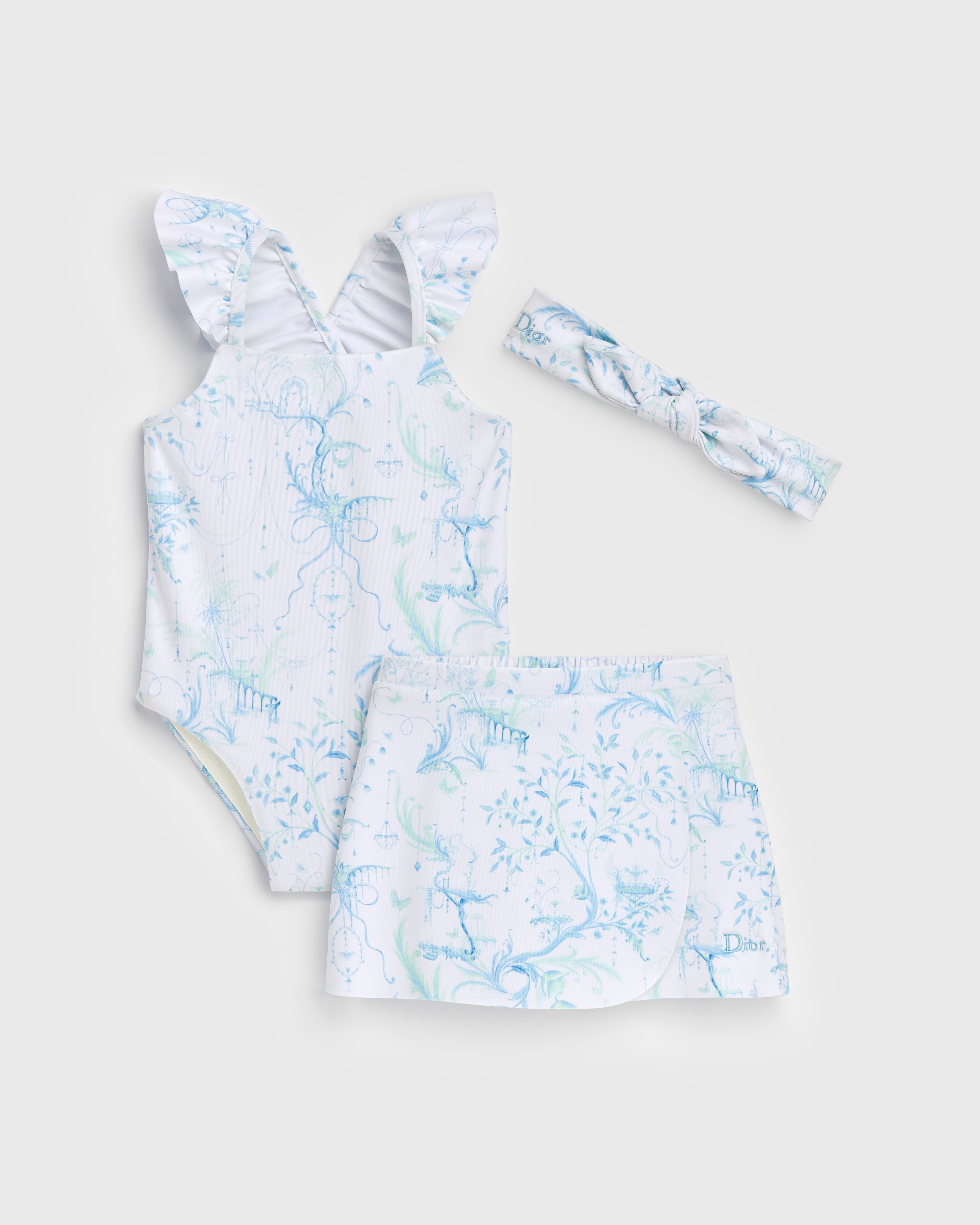 Conjunto Mi Primer Traje de Baño Tejido técnico marfil con motivo Toile de Jouy azul y verde E01