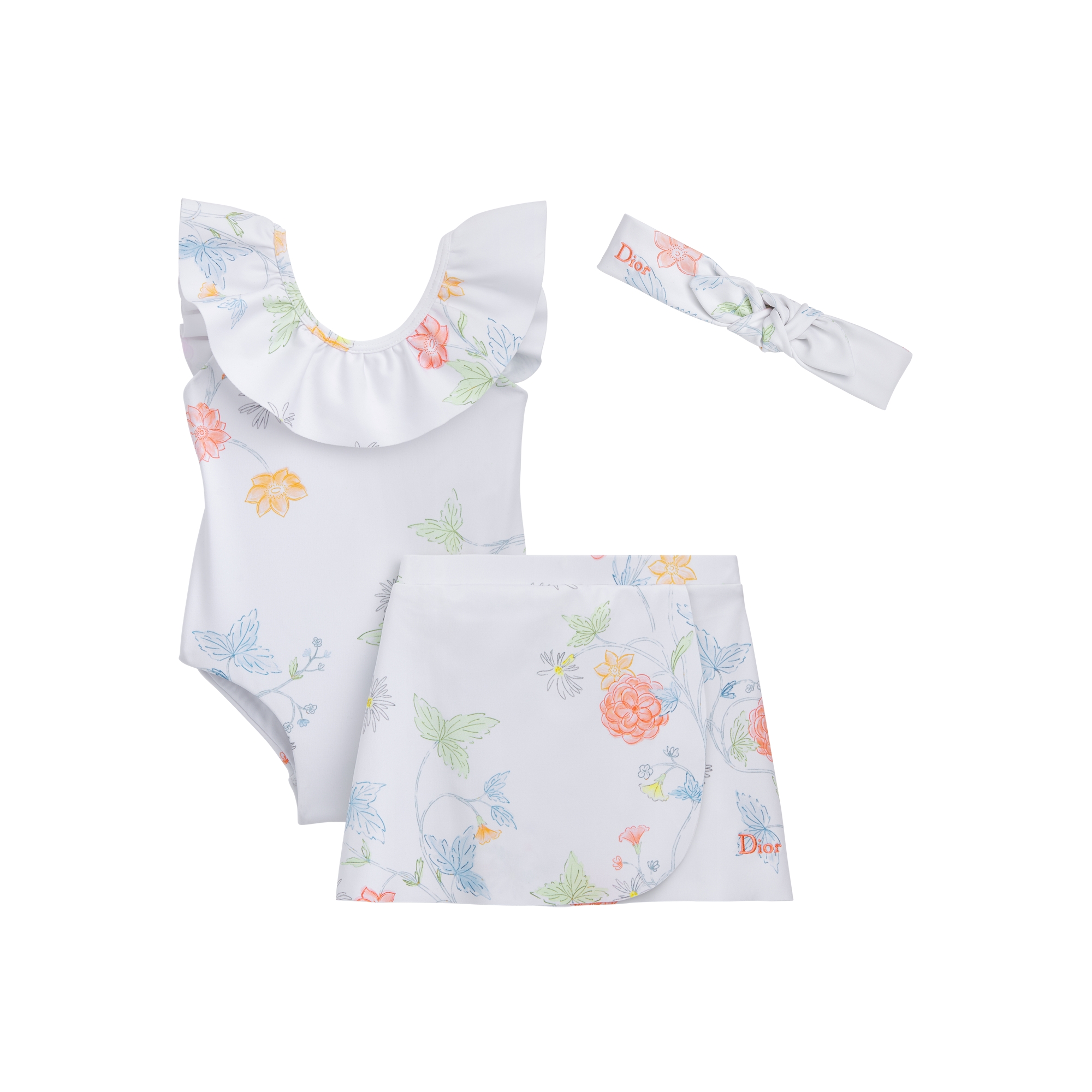 My First Swimsuit Set Ivory Technical Fabric with Multicolor Seasonal Floral Motif E01