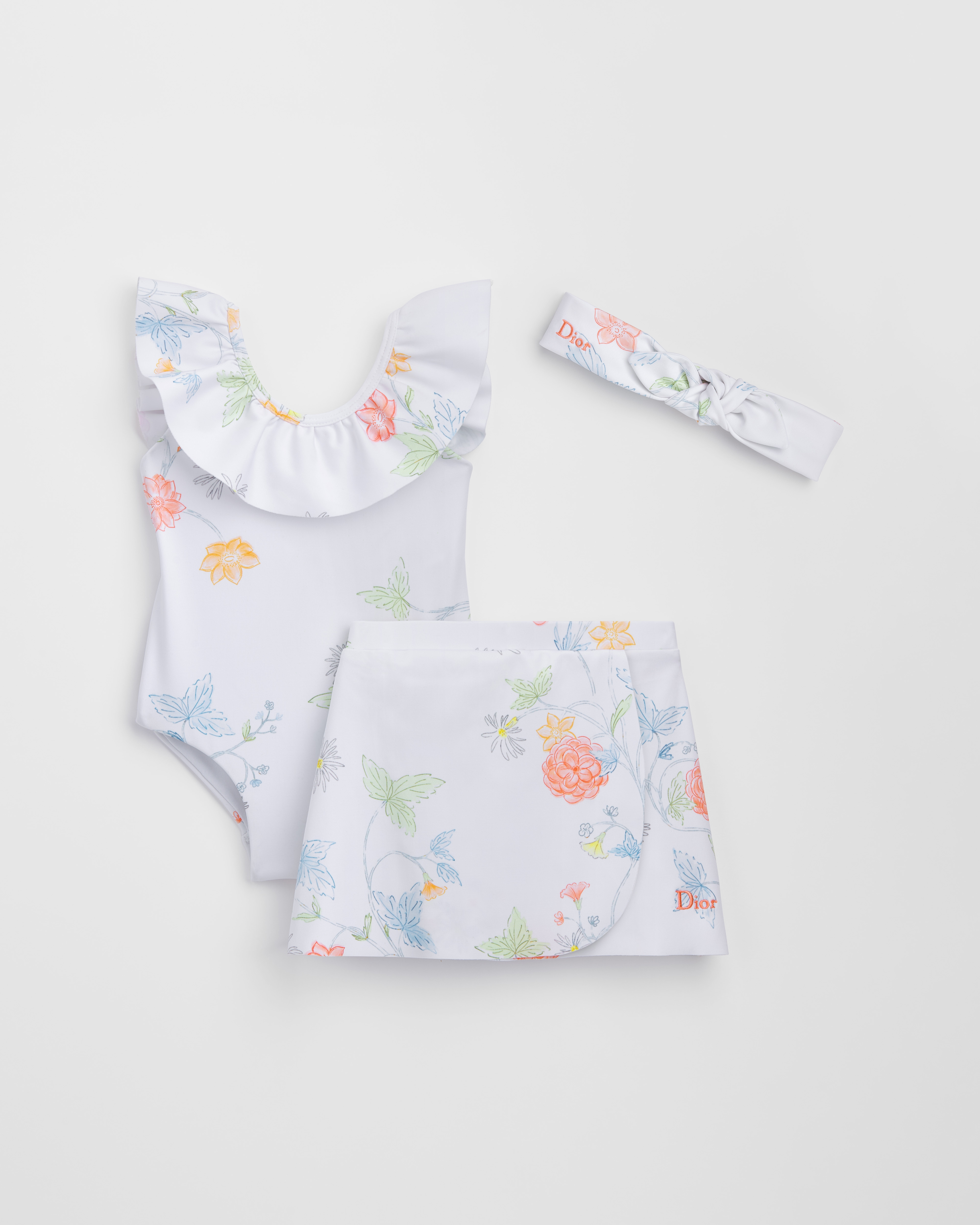 My First Swimsuit Set Ivory Technical Fabric with Multicolor Seasonal Floral Motif E01