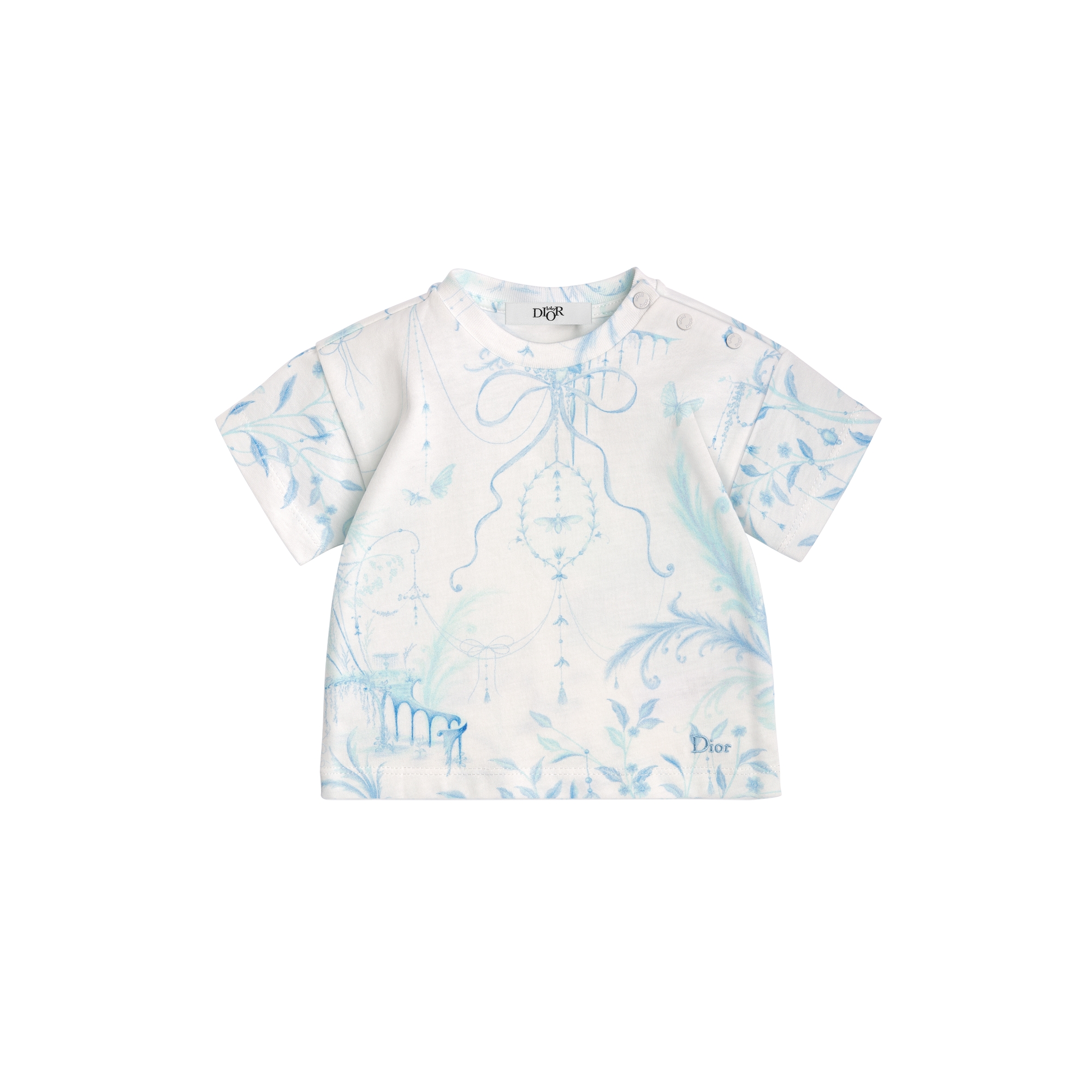Baby T-Shirt Ivory Cotton Jersey with Blue and Green Toile de Jouy