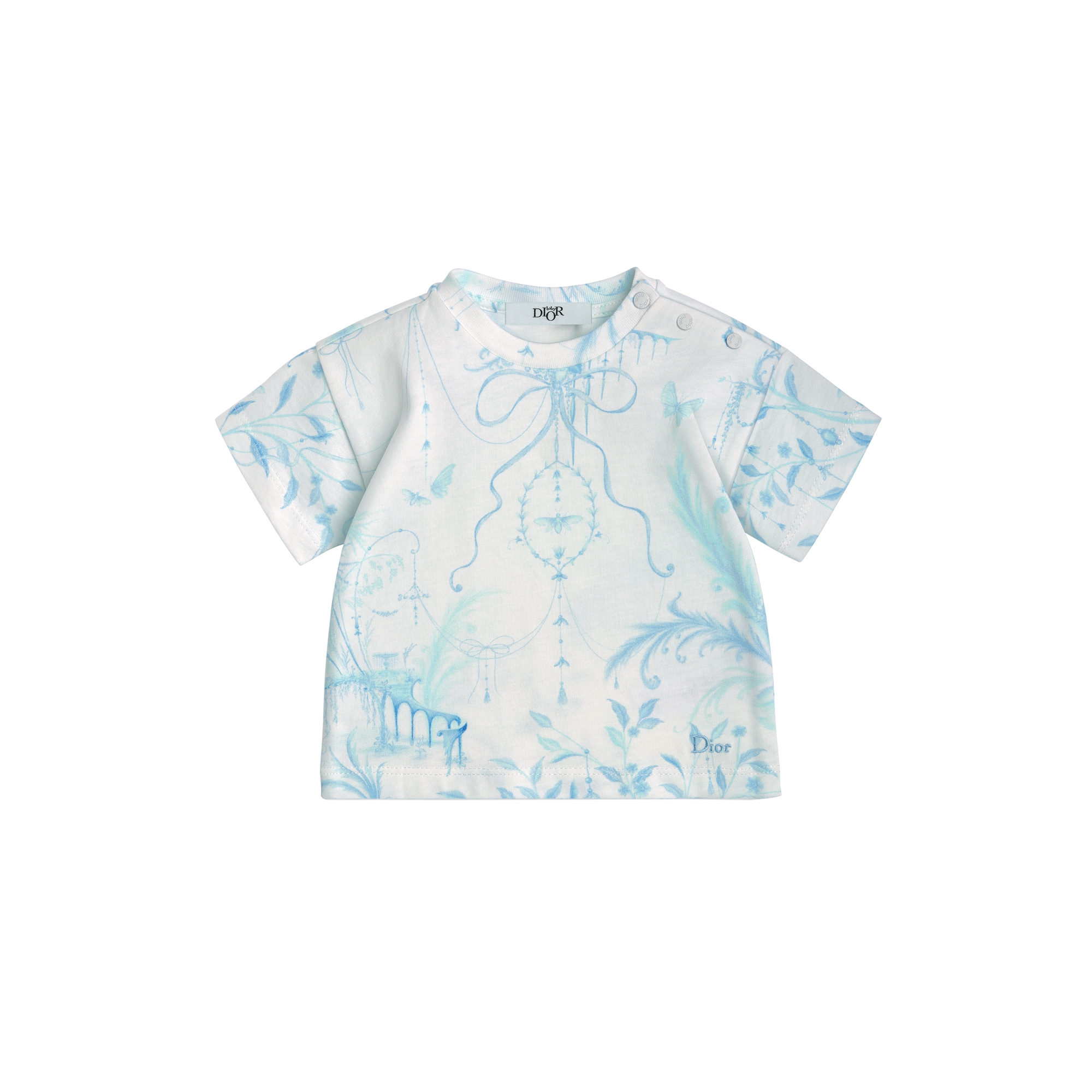 Baby T-Shirt Ivory Cotton Jersey with Blue and Green Toile de Jouy Motif E01