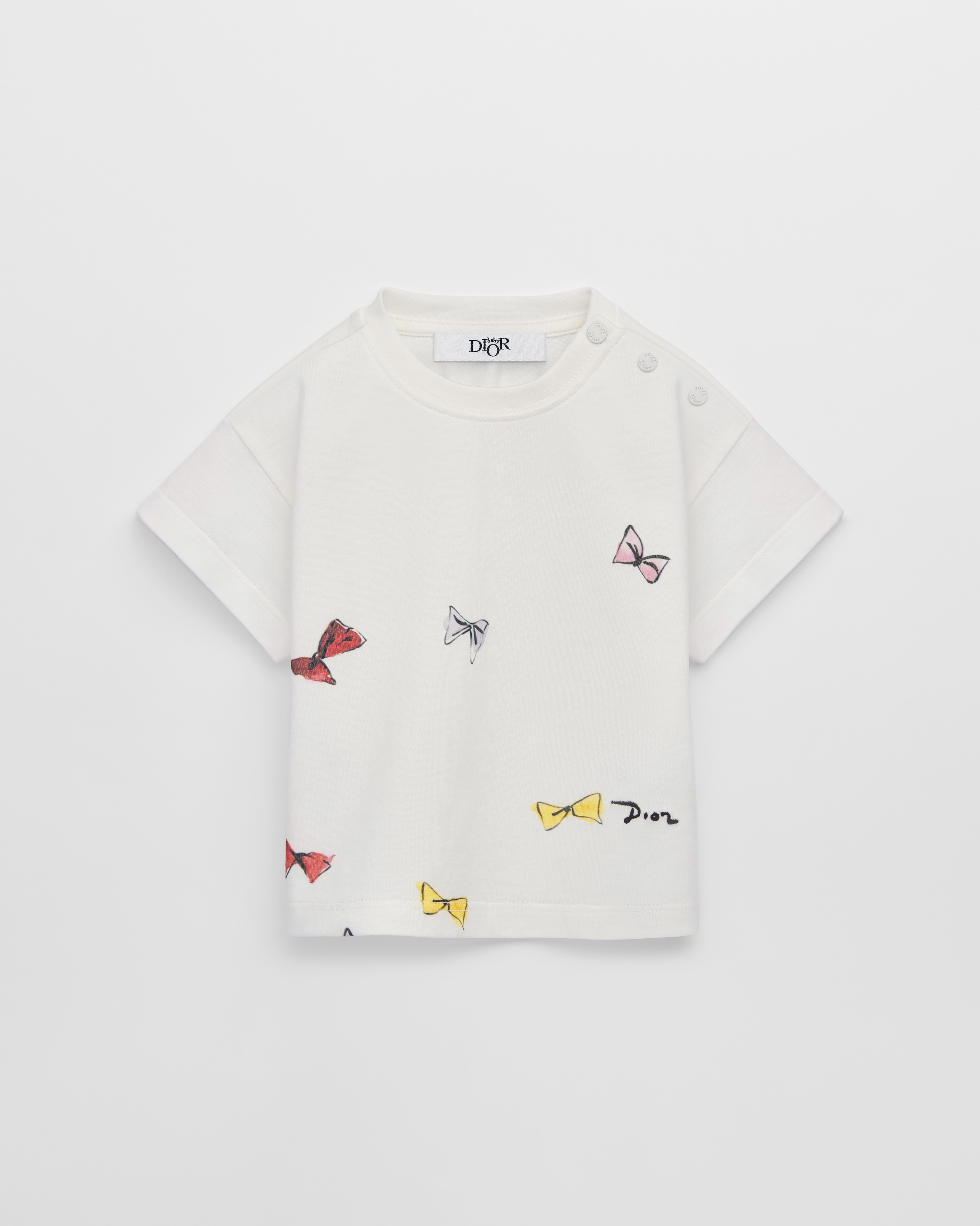 T-shirt per neonate Jersey di cotone bianco con motivo Dior Bows multicolore E01