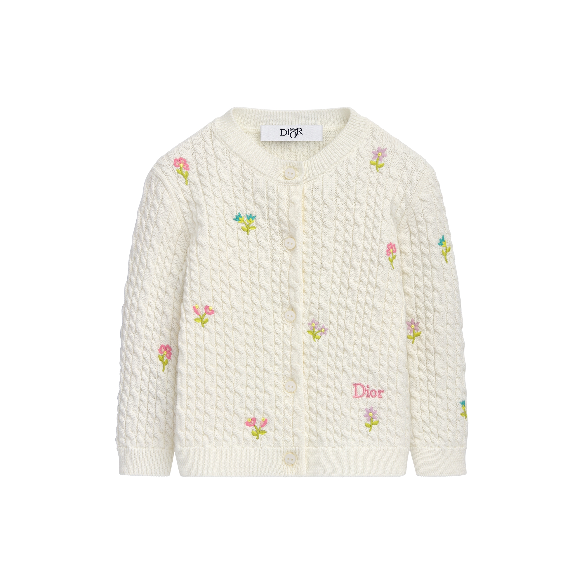 Baby Cardigan Ivory Cable-Knit Cotton Embroidered with Multicolor