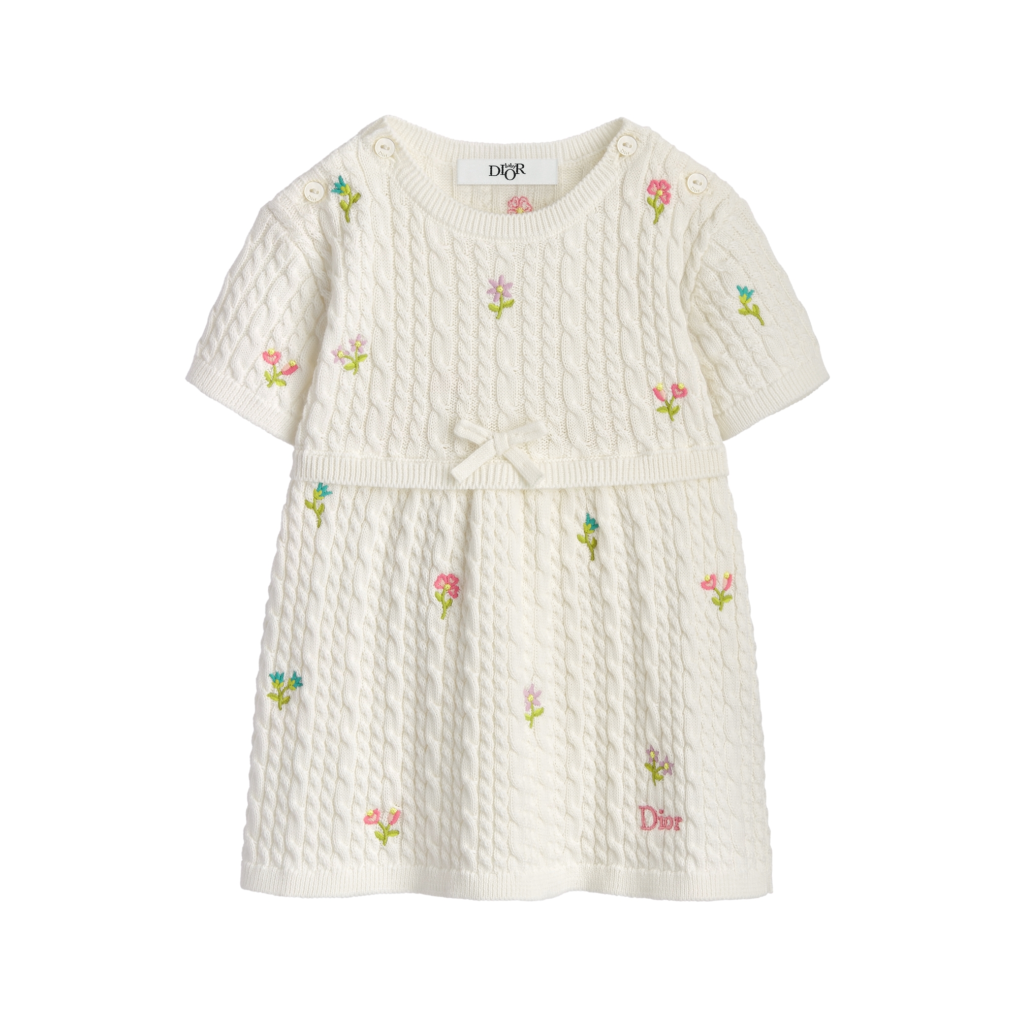 Baby Straight Dress Ivory Cable-Knit Cotton Embroidered with