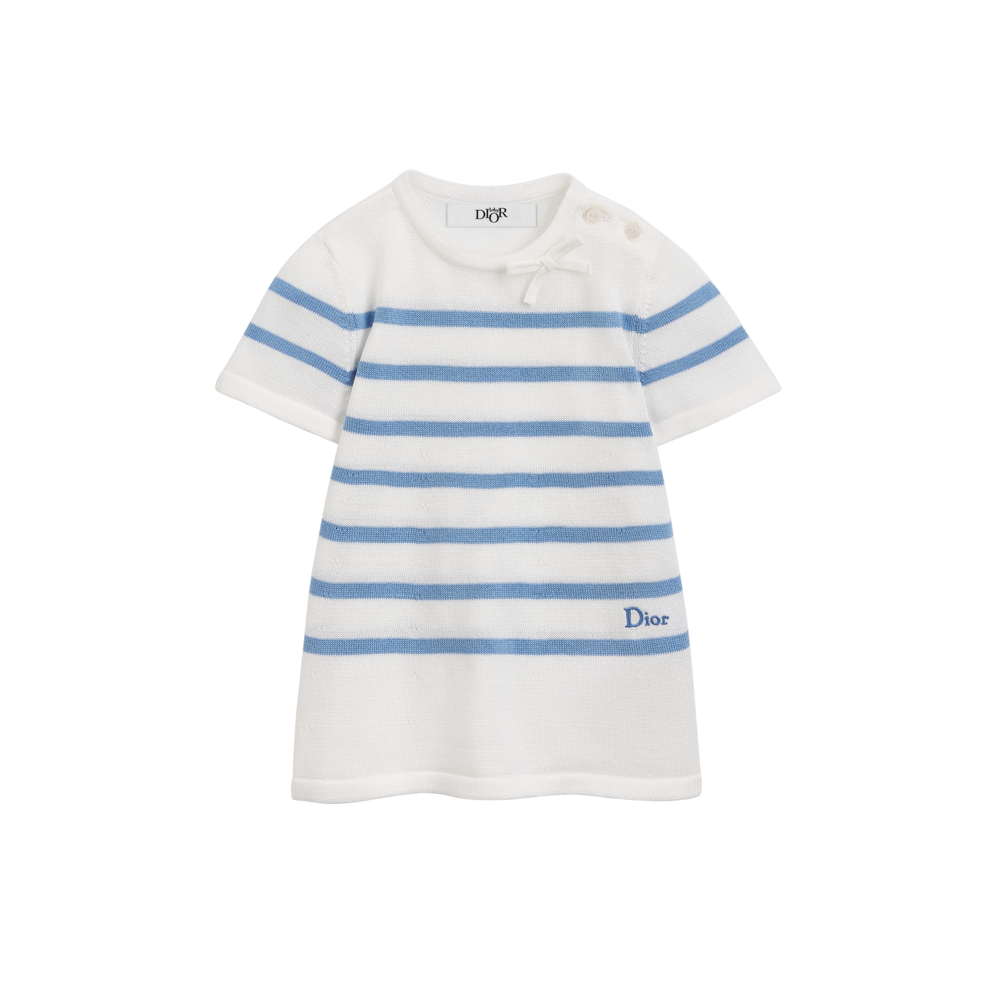Baby A-Line Dress Ivory Cotton Knit with Blue Stripes | DIOR