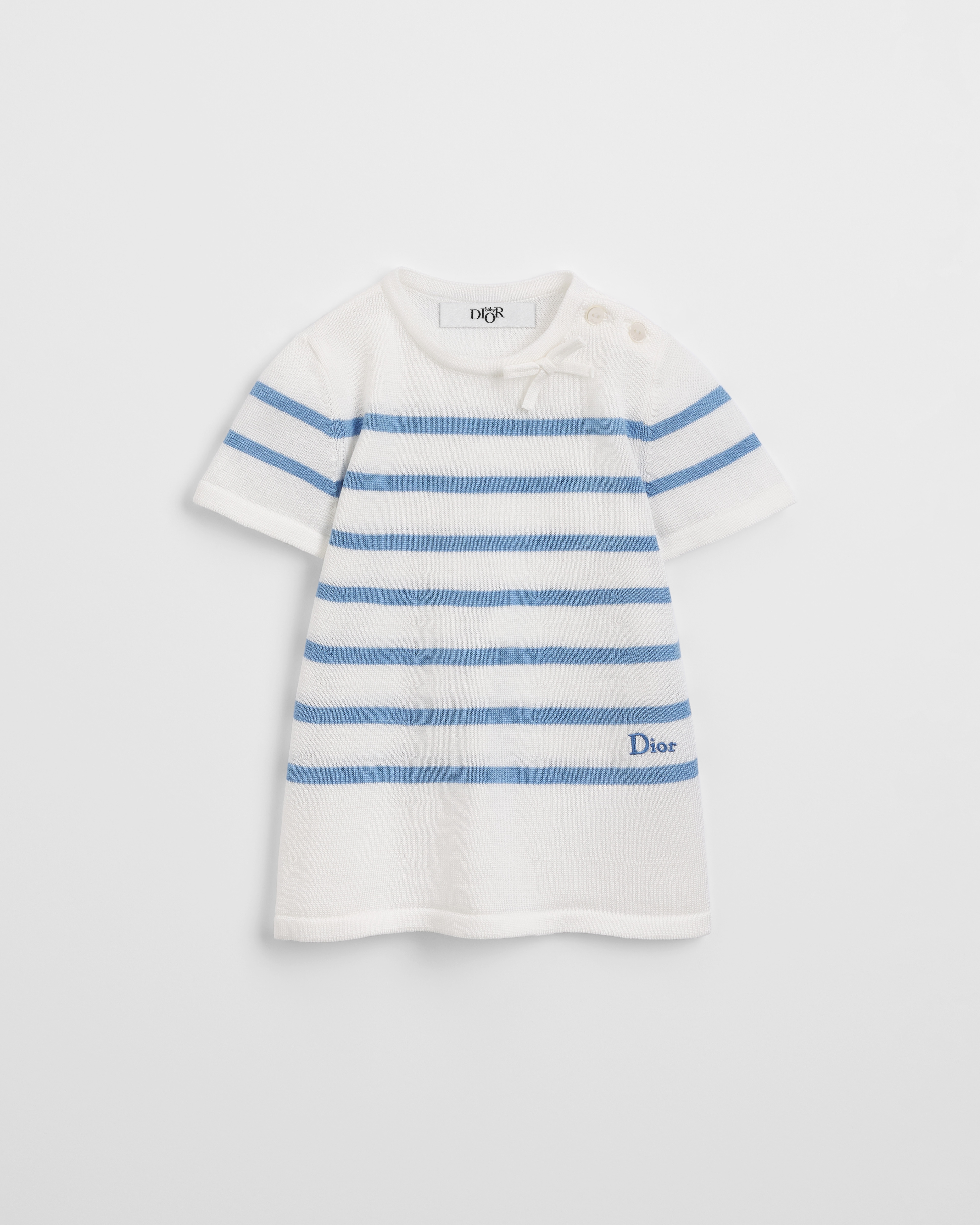 Baby A-Line Dress Ivory Cotton Knit with Blue Stripes E01